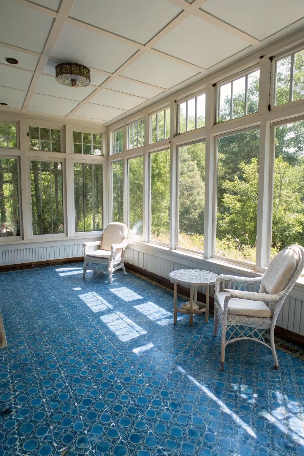 Blue mosaic tiles offer a splash of artistic flair.