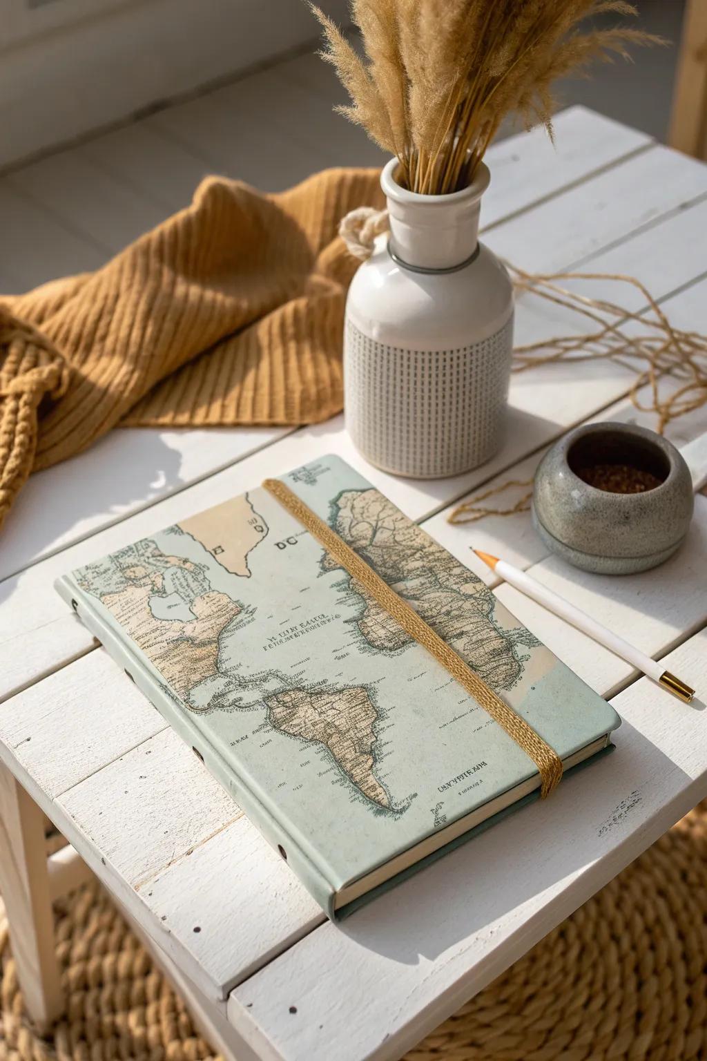 Embark on a journey of style with a vintage map-themed booklet, where simplicity meets artistry.