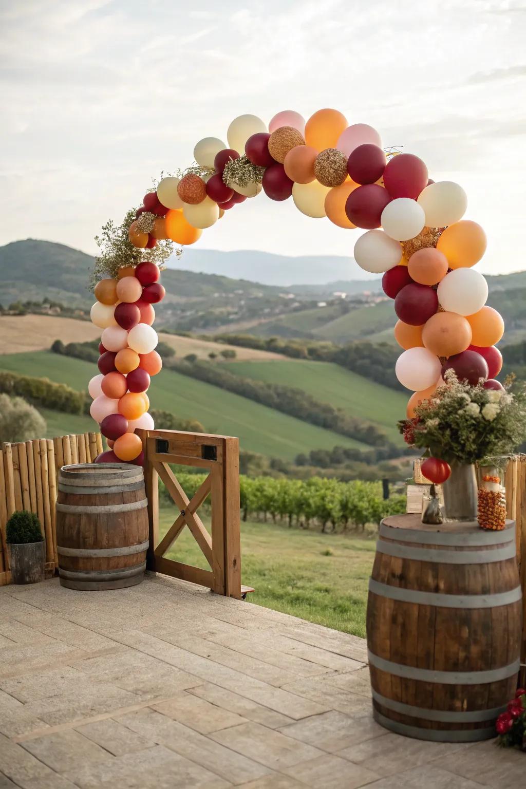 Rustic charm with a wooden backdrop and balloons.