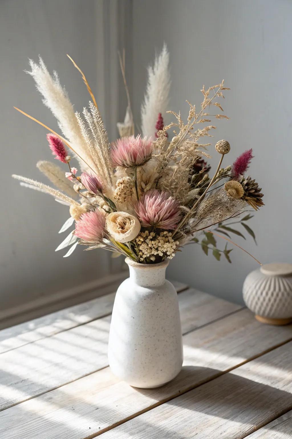 Timeless elegance captured in a dried flower arrangement, perfect for adding a touch of lasting beauty to any space.