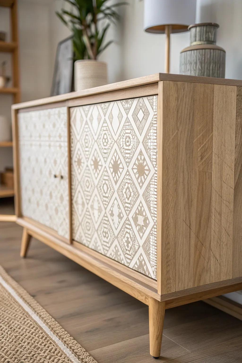 Transform your space with a touch of artistry: a stunning geometric pattern brings new life to this minimalist buffet.