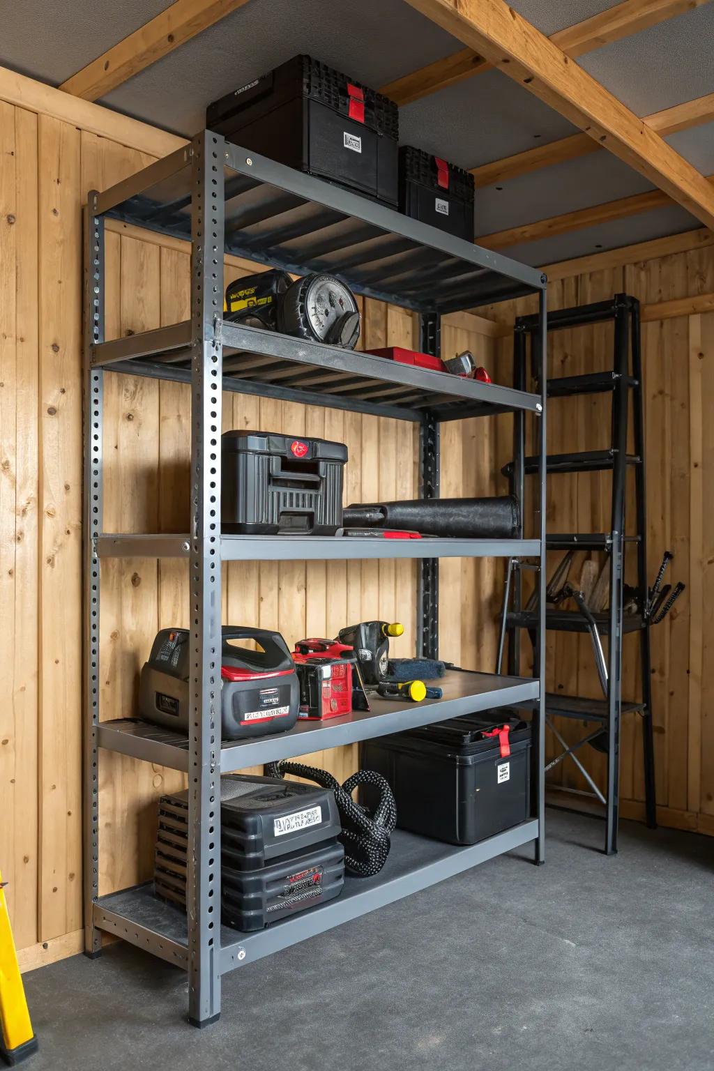 Elevate your shed's organization with durable metal shelving – where strength meets style.