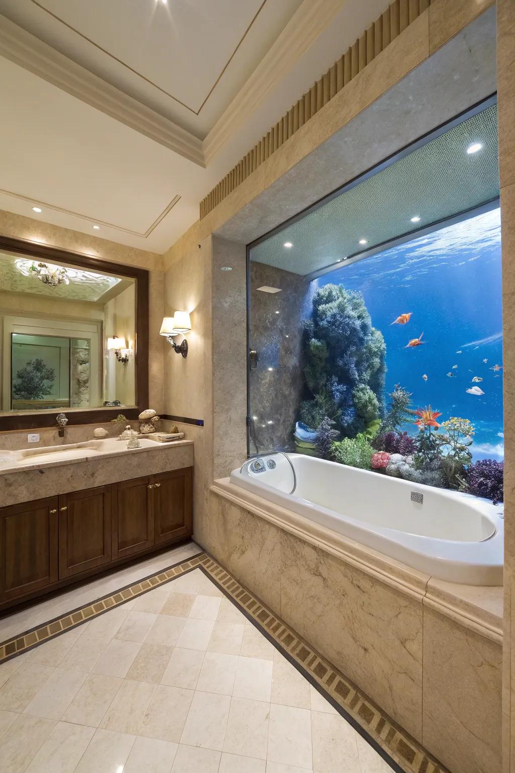 Relax in style with a calming bathroom wall aquarium.