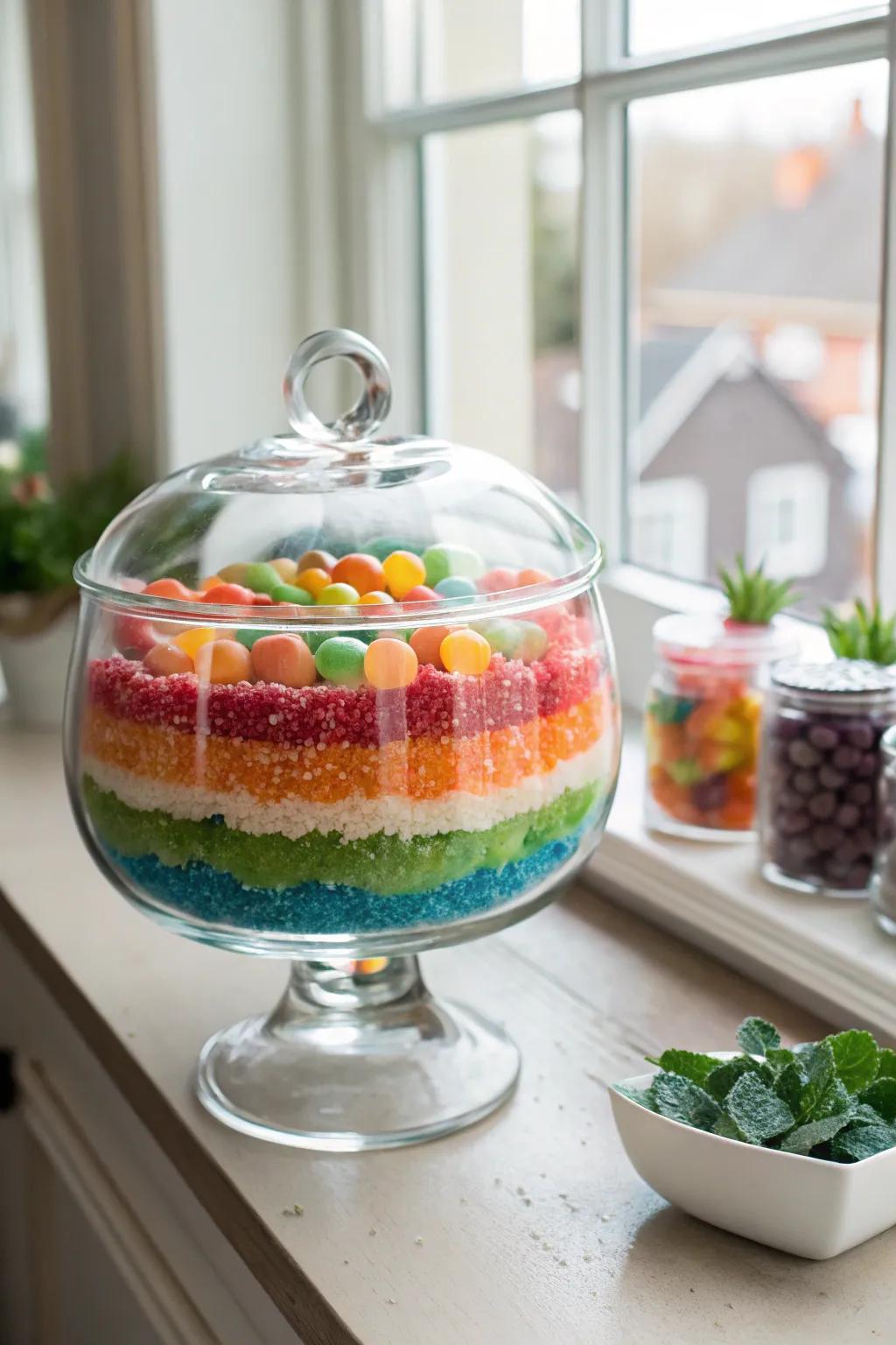 A candy terrarium offers a playful and decorative candy display.