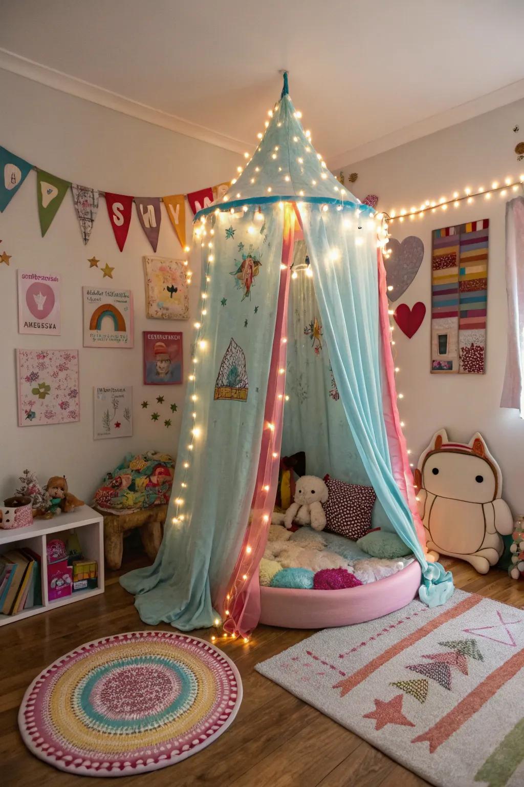 Colorful lights and themed decor turn a canopy bed into a playful wonderland for kids.