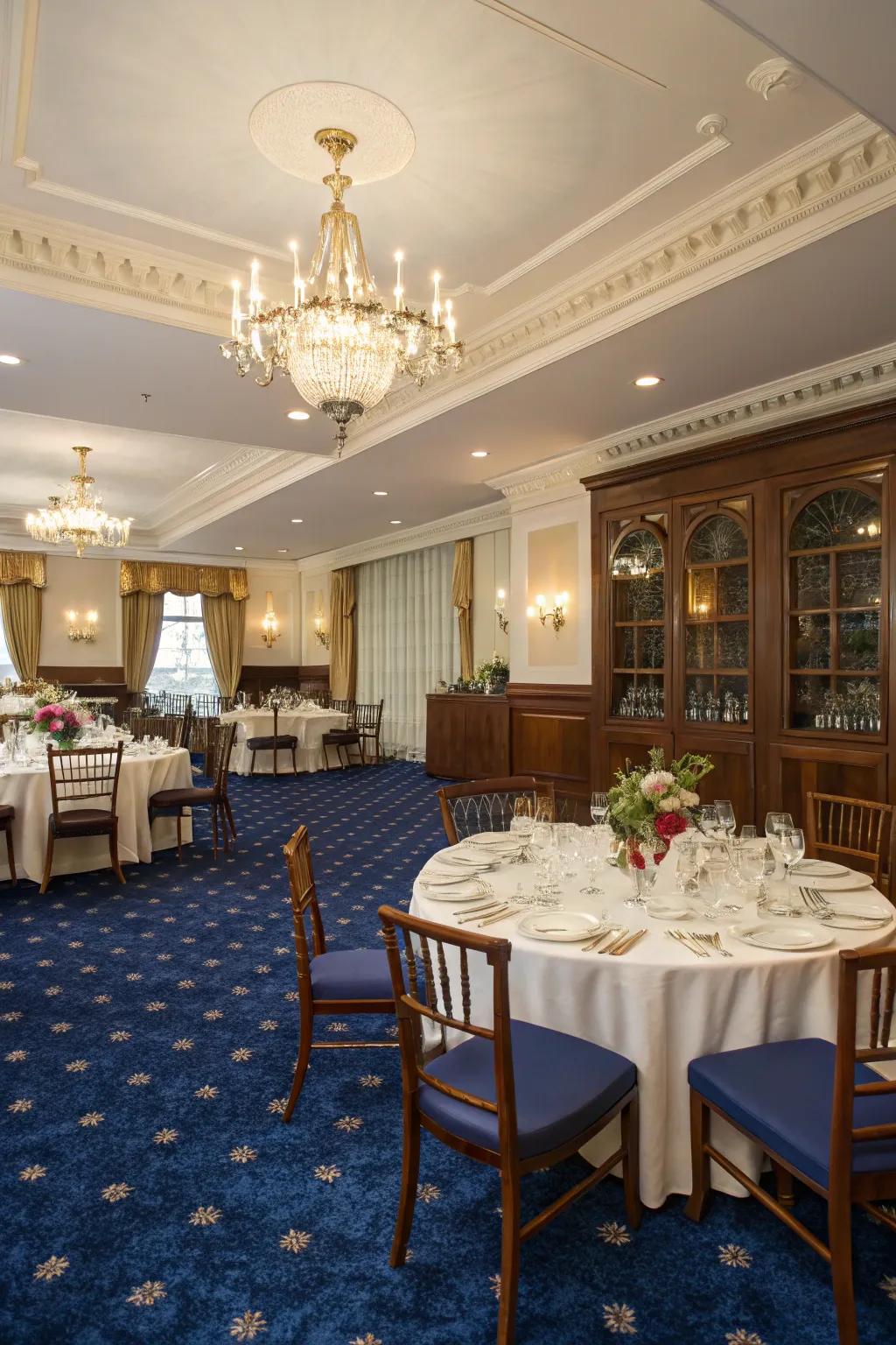 A dining room elevated by a luxurious velvet carpet.