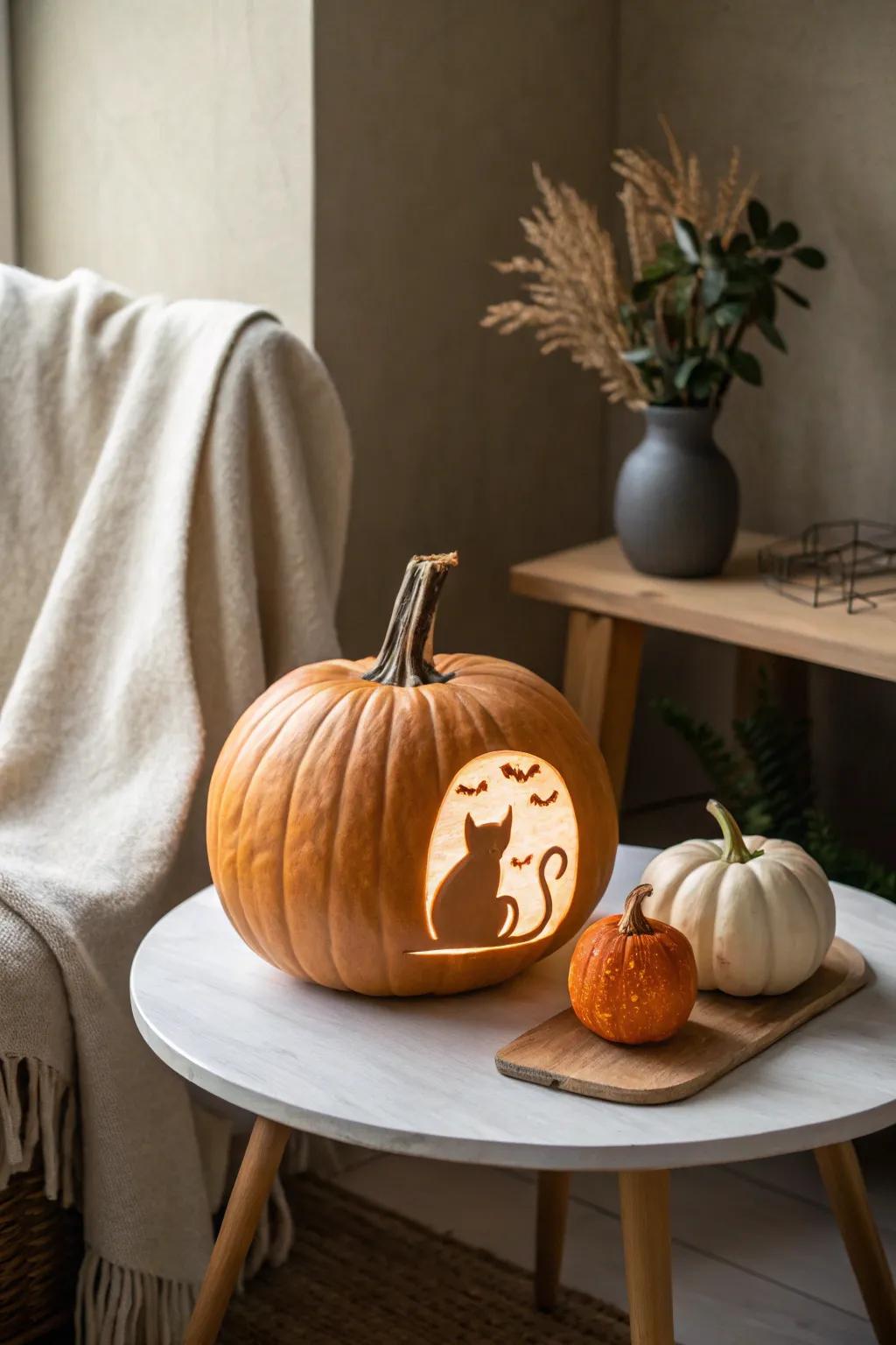 Celebrate the season with a playful cat and pumpkin duo—simplicity meets artistry in this charming display.