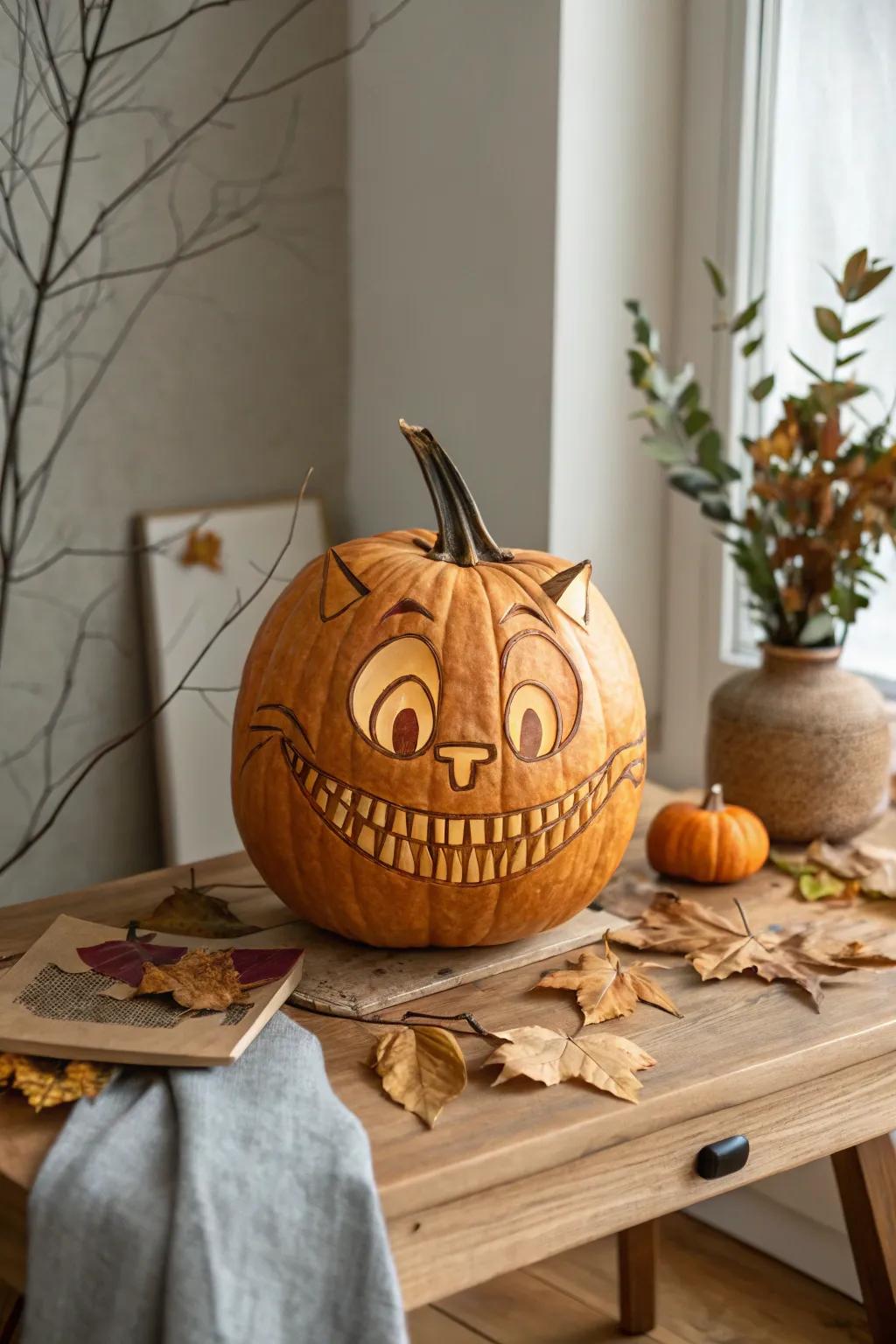 Bring a touch of whimsy to your autumn decor with this Cheshire Cat pumpkin carving—simplicity meets playfulness in perfect harmony.