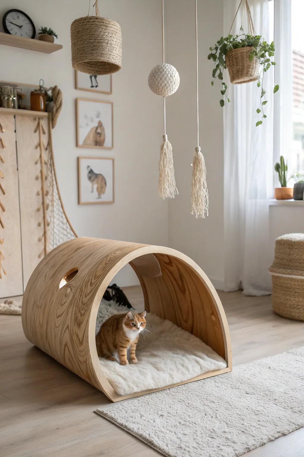 Scandinavian elegance meets feline fun: A minimalist cat tunnel with boho charm.