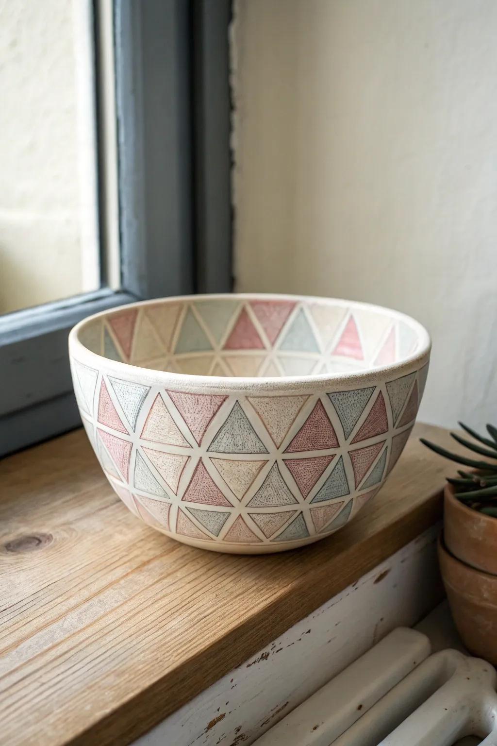 Embrace modern art with this geometric-patterned ceramic bowl, a perfect blend of simplicity and style. #ScandinavianBoho #MinimalistCraft