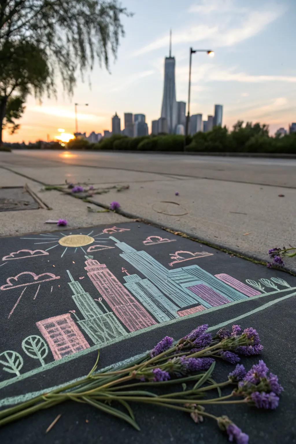 Embrace the city’s allure with minimalist urban chalk art, where simplicity meets the vibrant spirit of sunset skies.