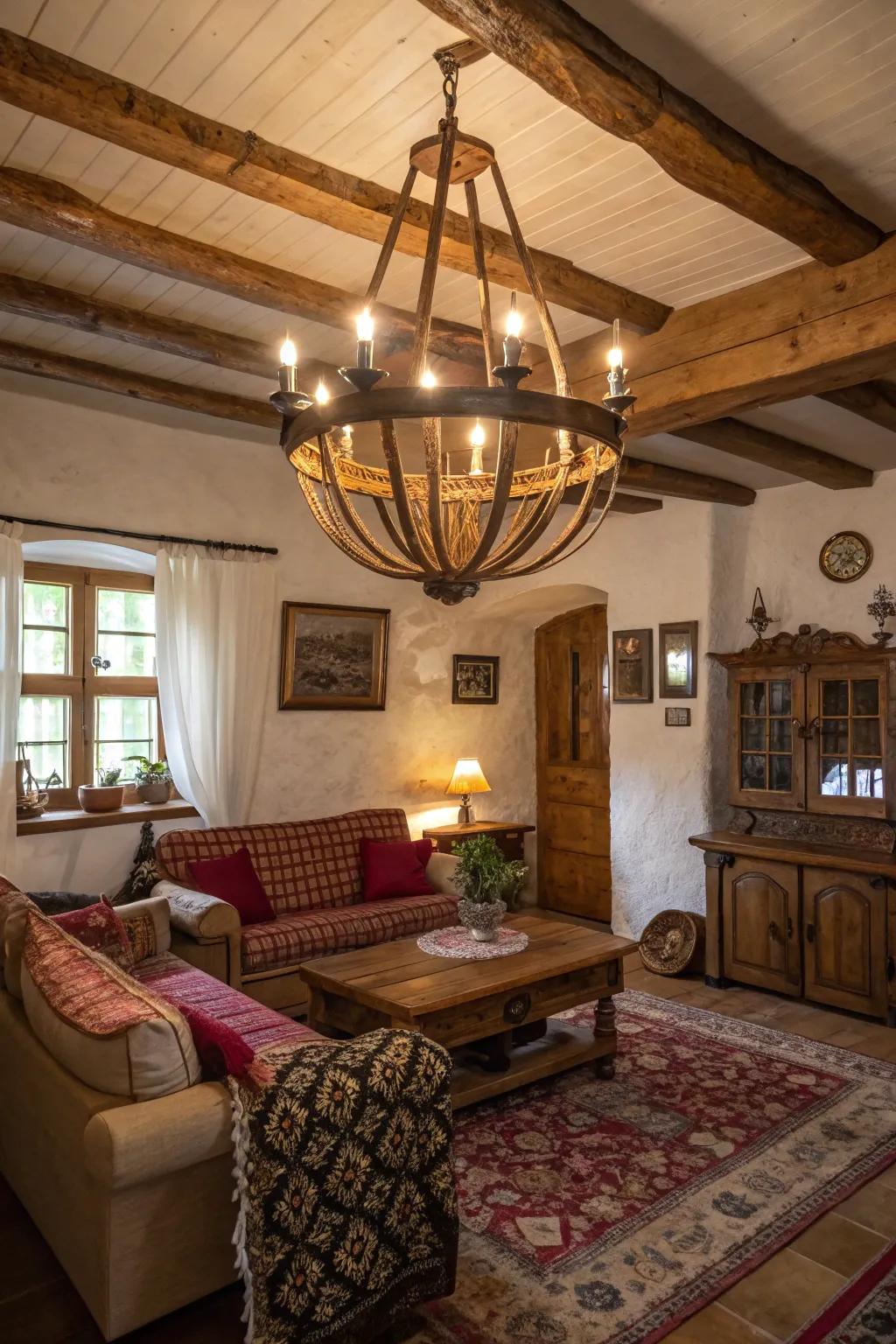 A rustic living room with a wooden chandelier exudes warmth and charm.