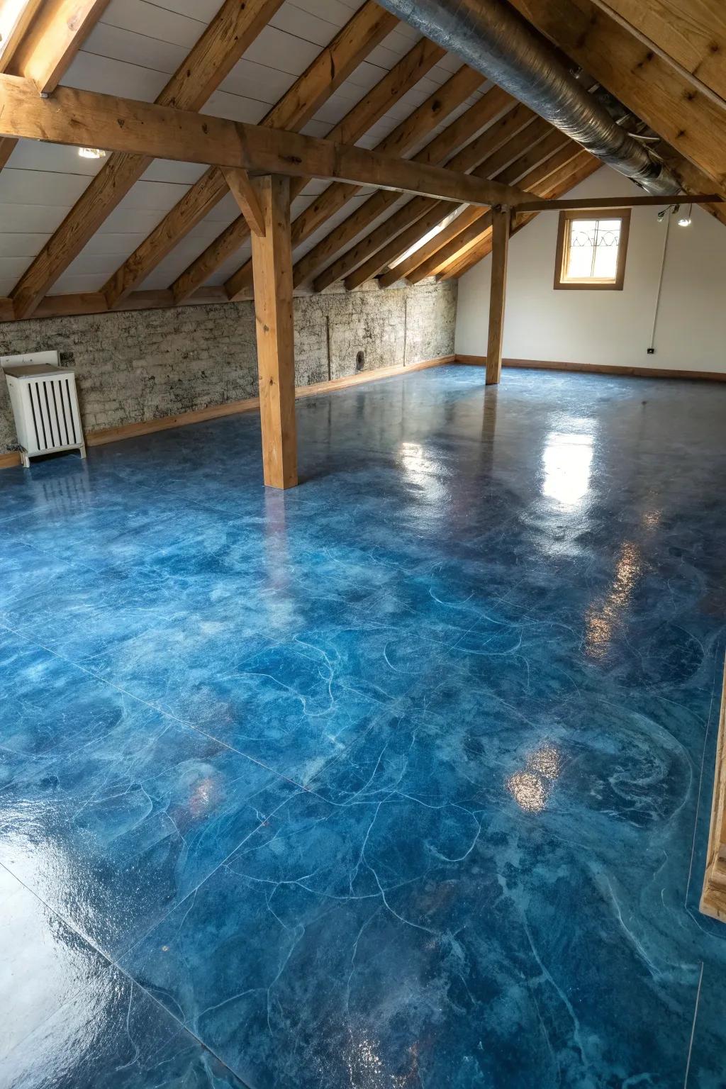 Transform your attic with a pop of color: A masterfully painted concrete floor that combines style and affordability.