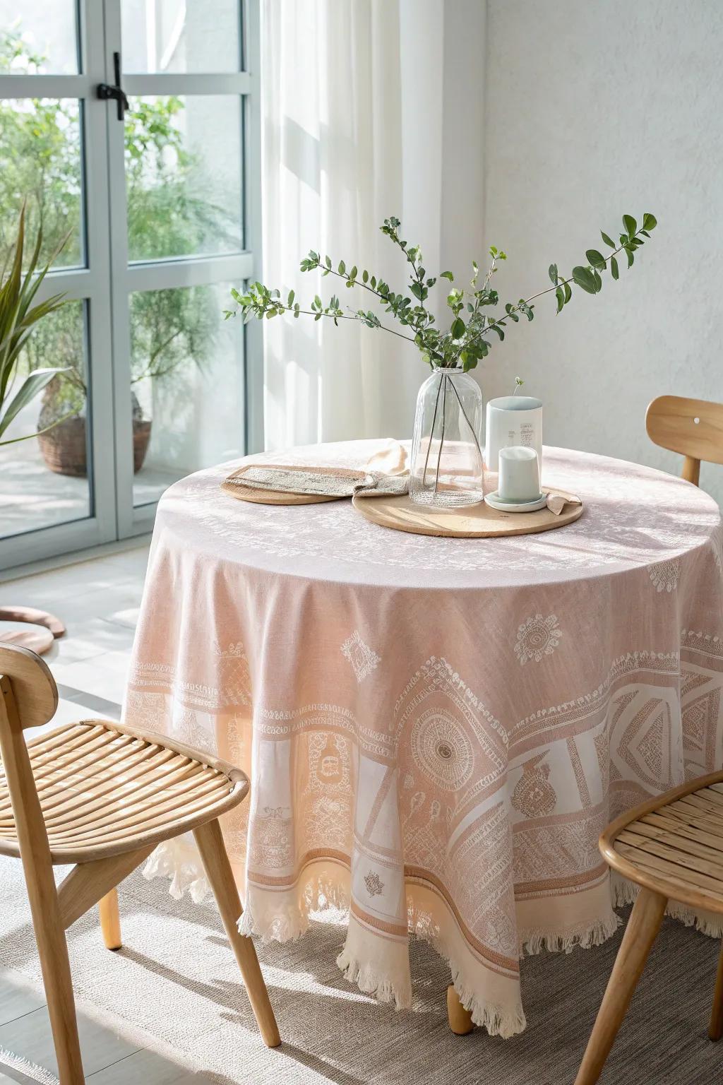 Transform your space with a touch of elegance: a fabric-covered table top that combines Scandinavian minimalism with boho charm.