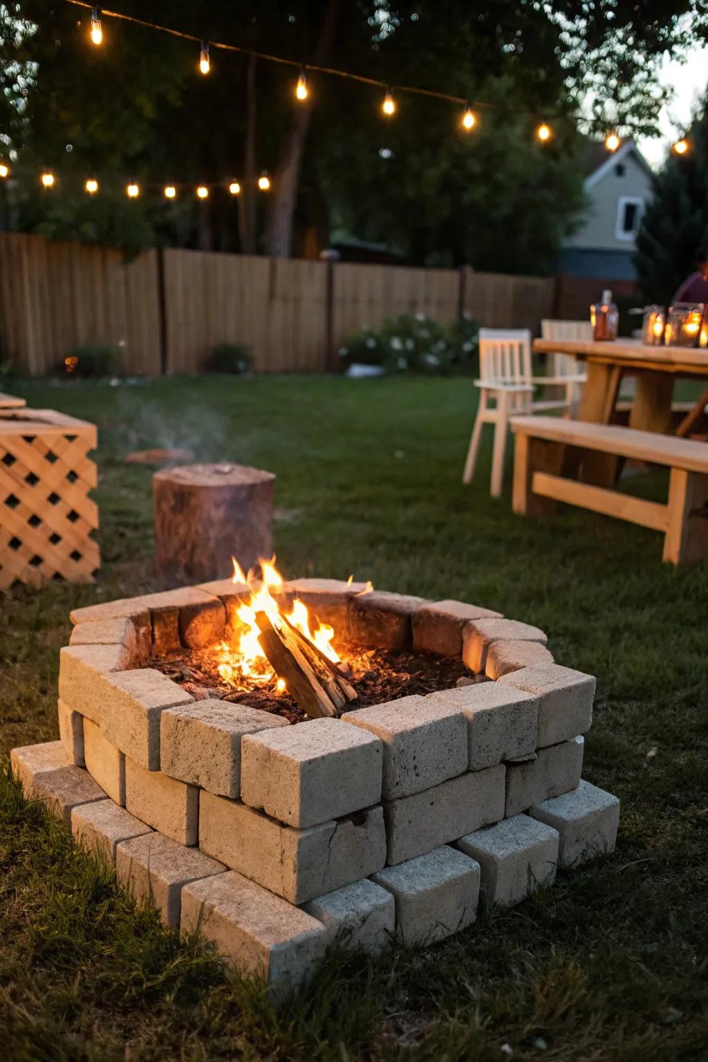 Gather around this handcrafted cinder block fire pit for cozy evenings of warmth and camaraderie.