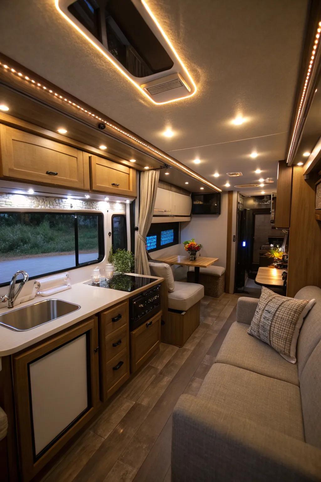 Lighting sets the mood and enhances the RV atmosphere.