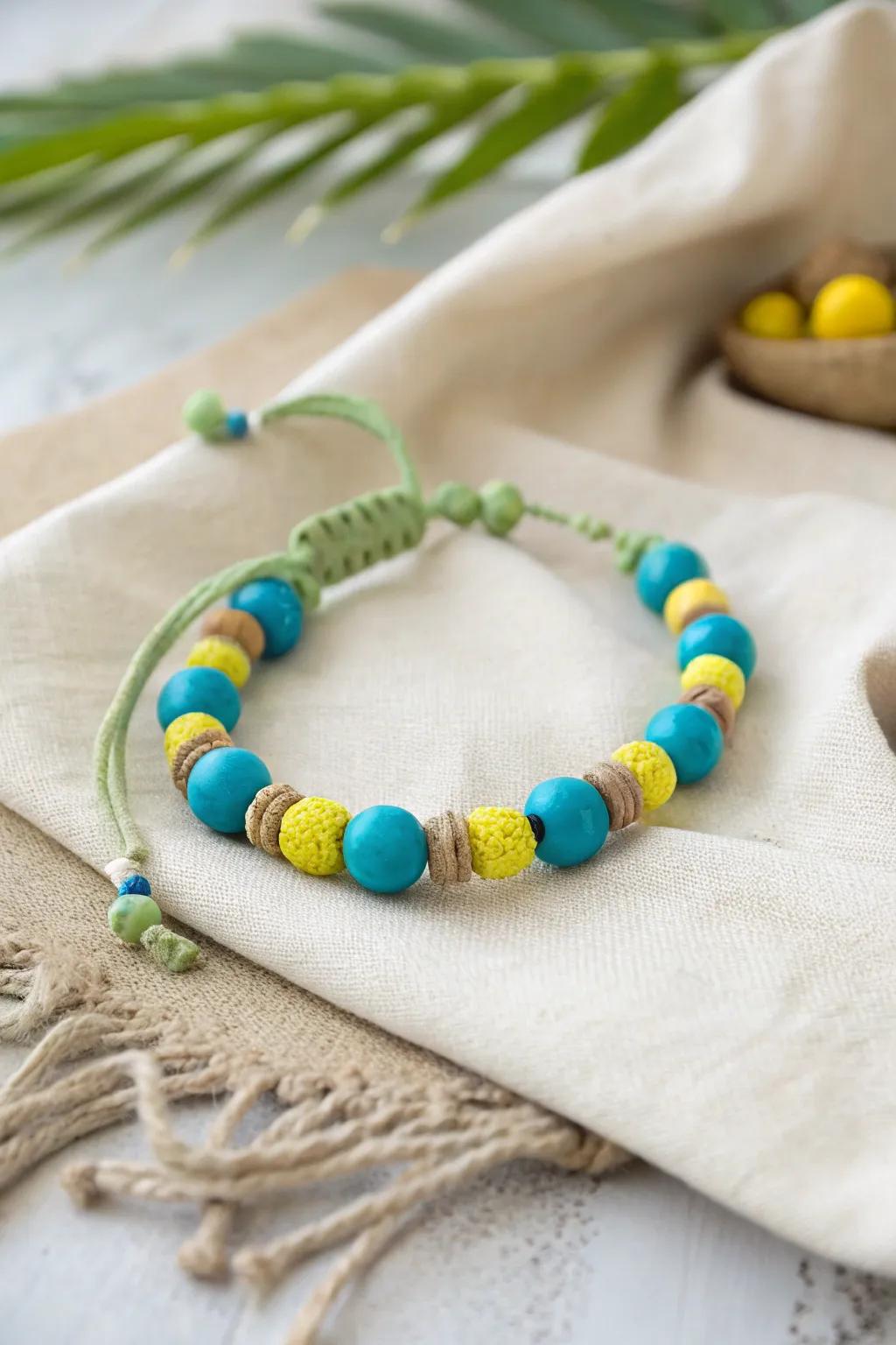 Embrace the tropical beach vibes with this handcrafted clay bead bracelet, a perfect blend of blue, yellow, and green for a summer look.