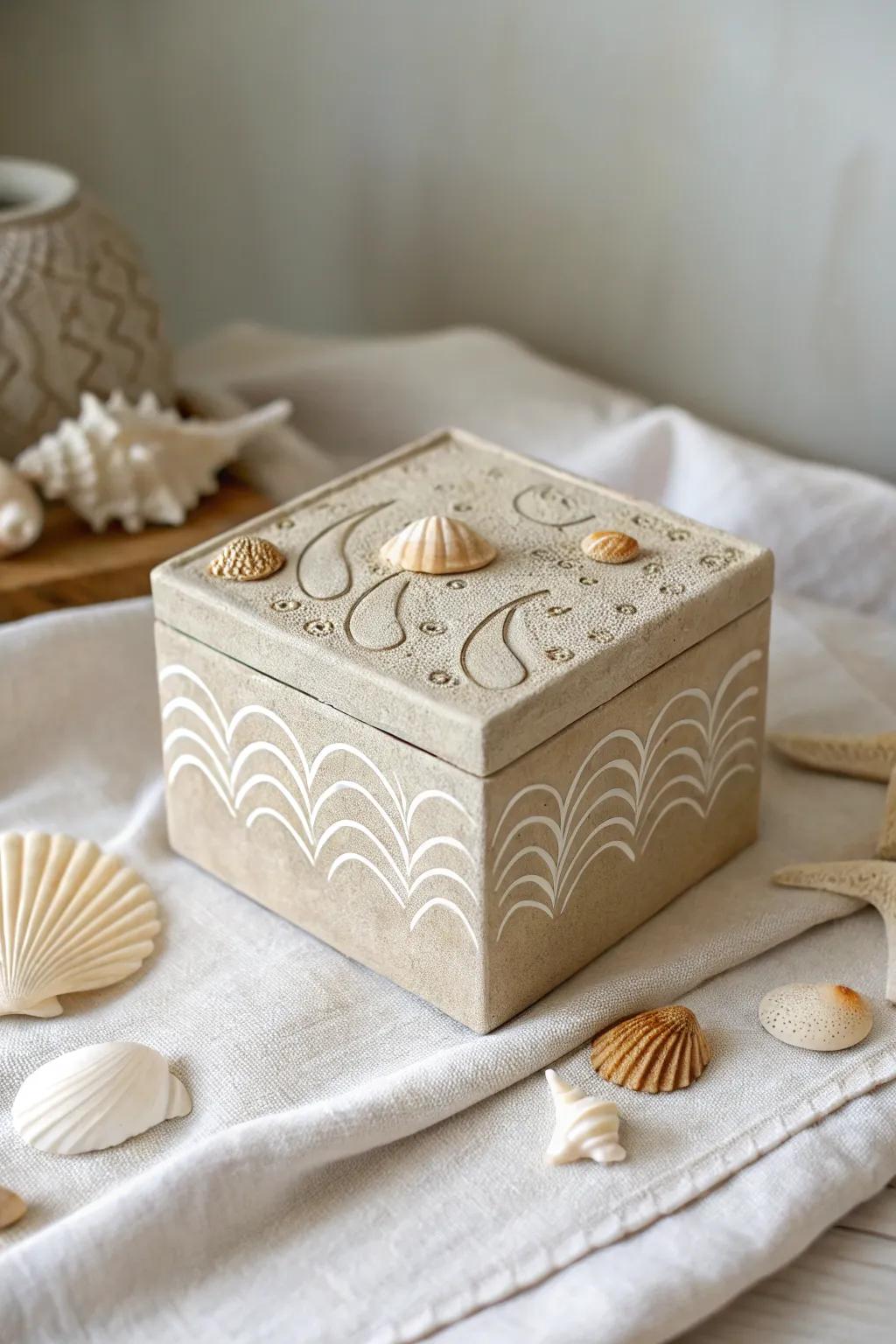 Embrace beach memories with this beautifully crafted coastal-themed clay box.