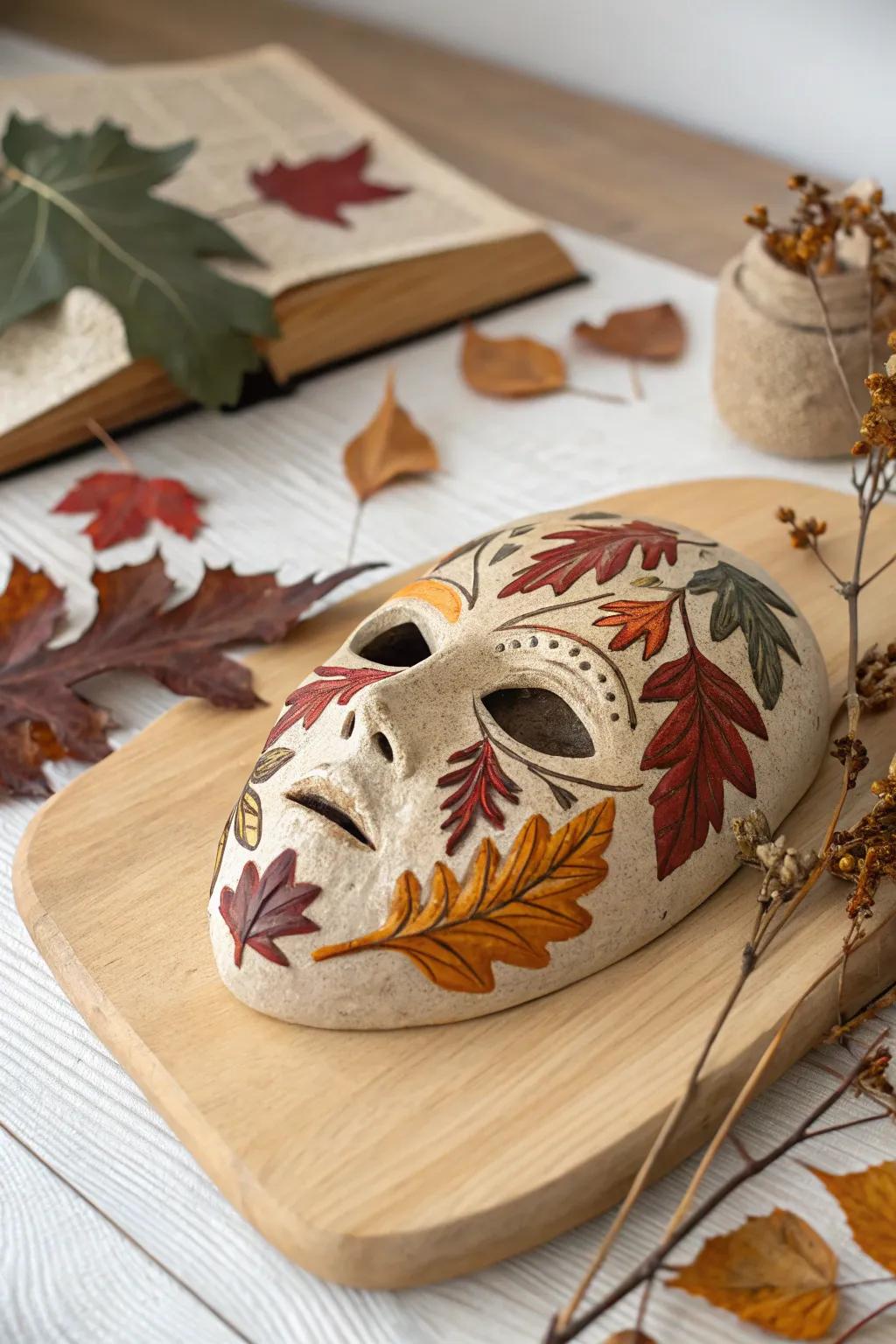 Embrace the cozy charm of autumn with this beautifully crafted clay mask, where nature's palette meets minimalist elegance.