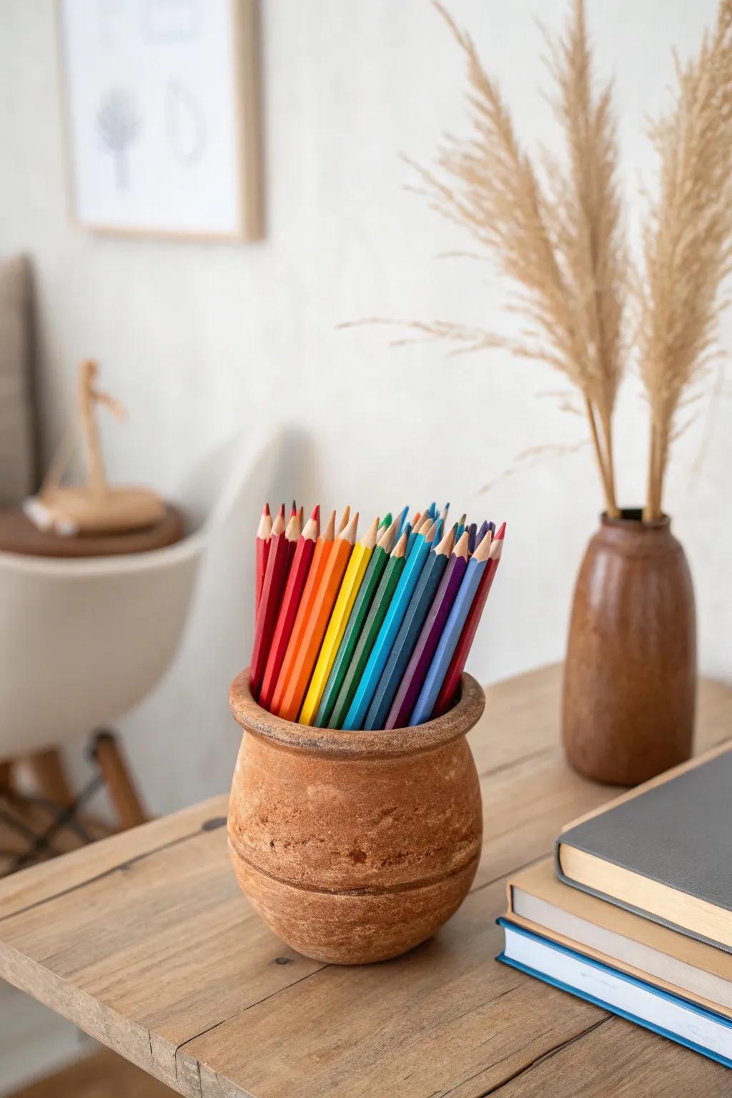 Organize your craft space with style: Vibrant crayons meet minimalist charm in this handcrafted clay pot.