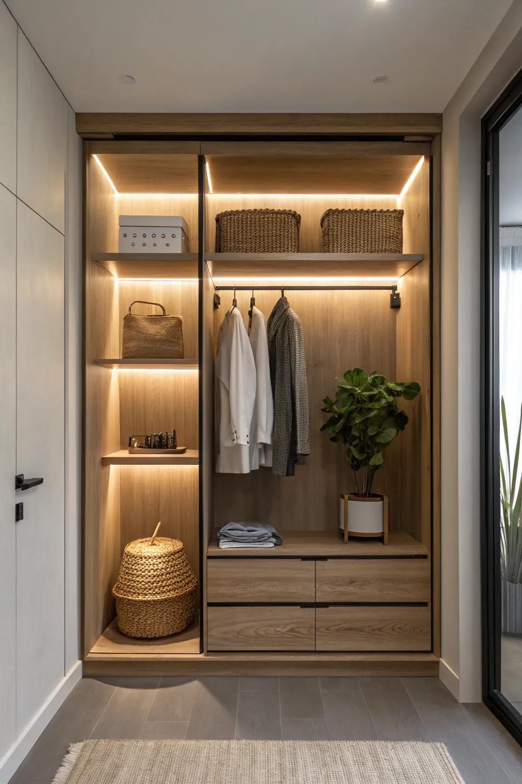 Illuminate your style with chic built-in lighting for a closet that feels like a personal runway.