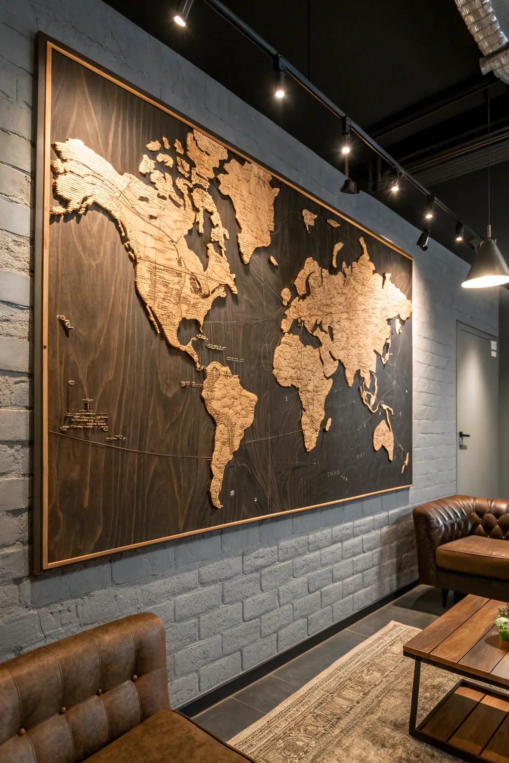 Journey the world from your hallway with this masterfully carved wooden map.