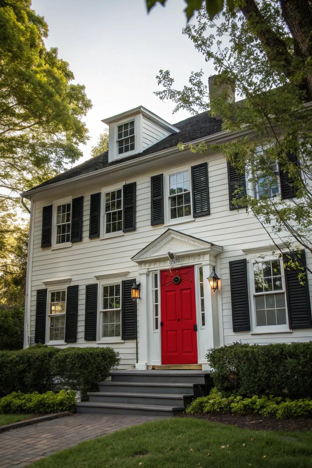 A red door provides a striking and traditional accent to any colonial home.