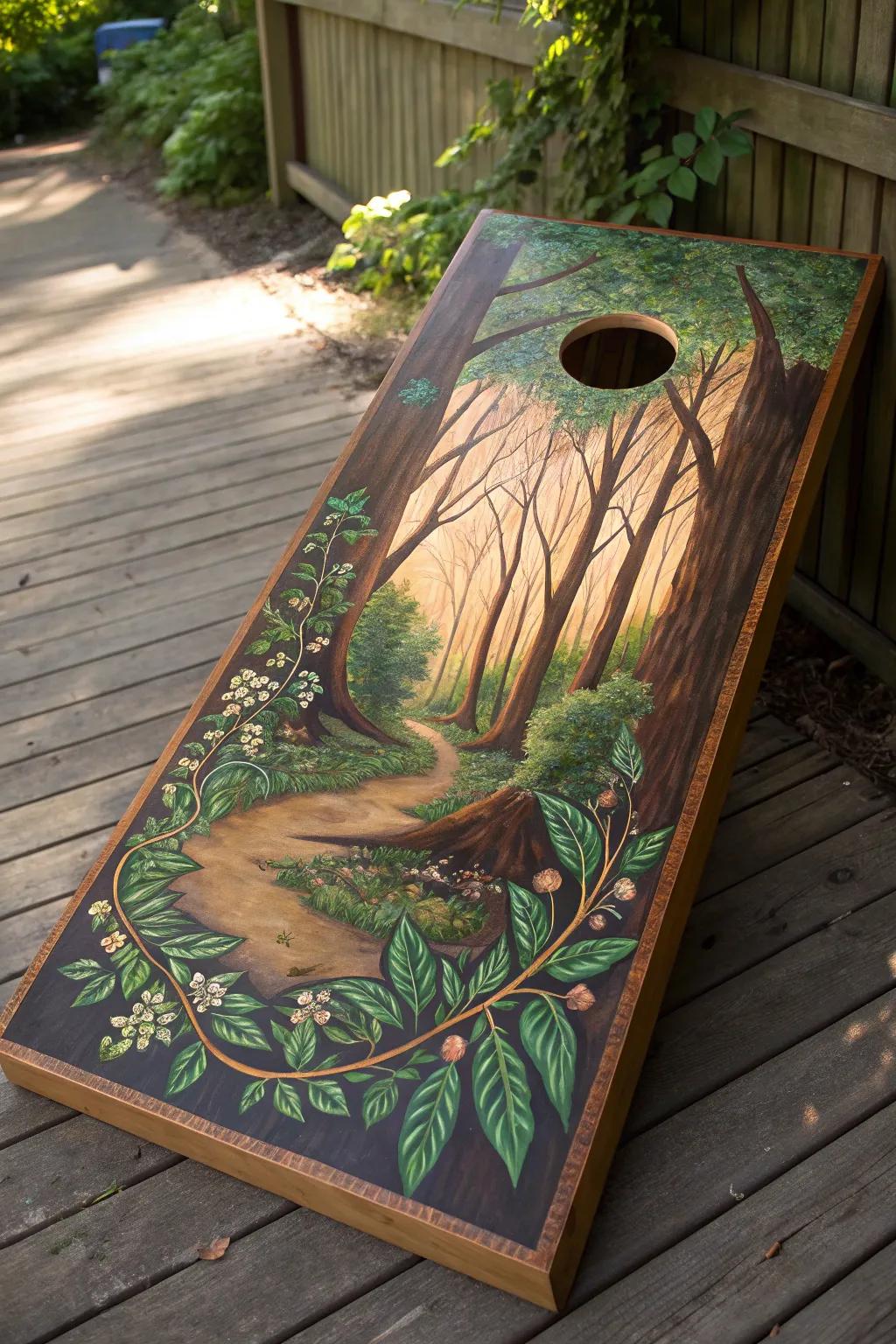 Embrace the outdoors with this expertly crafted nature-inspired cornhole board design.