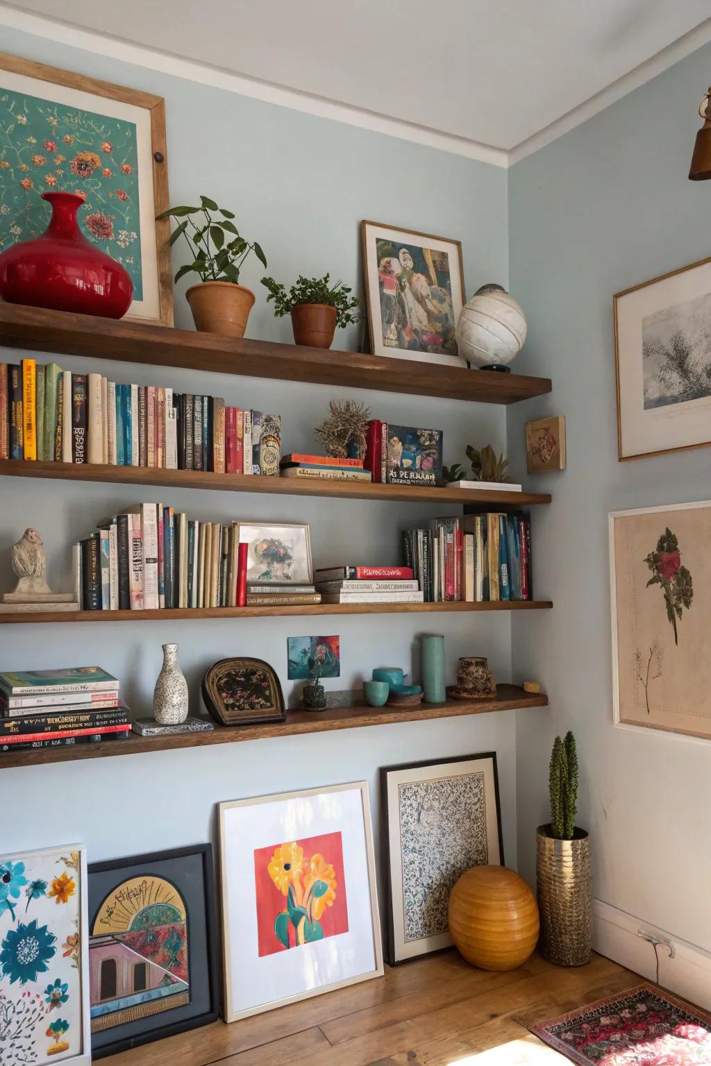 Wall decor efficiently utilizes vertical space while adding personality.