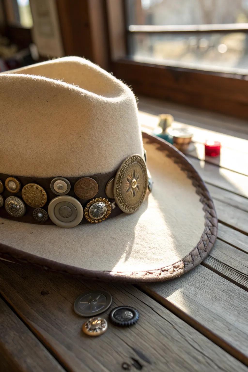 Elevate your cowboy hat with a band of vintage buttons for a touch of timeless charm.