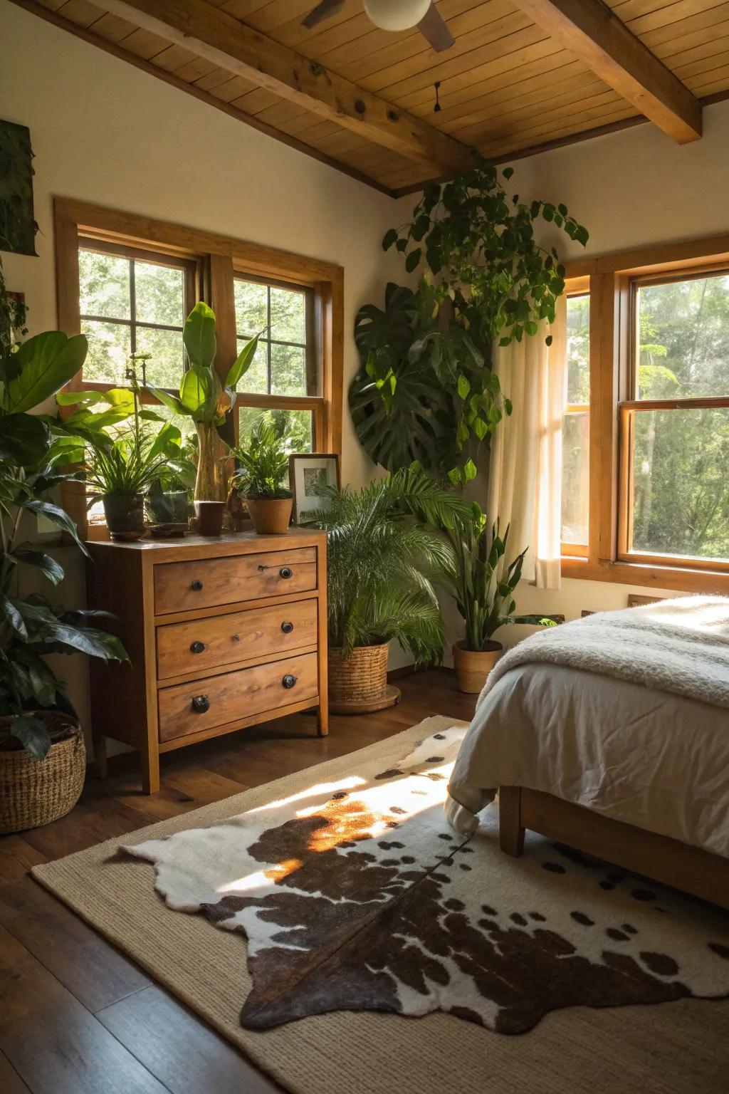 Bedroom with natural elements and a cowhide rug.