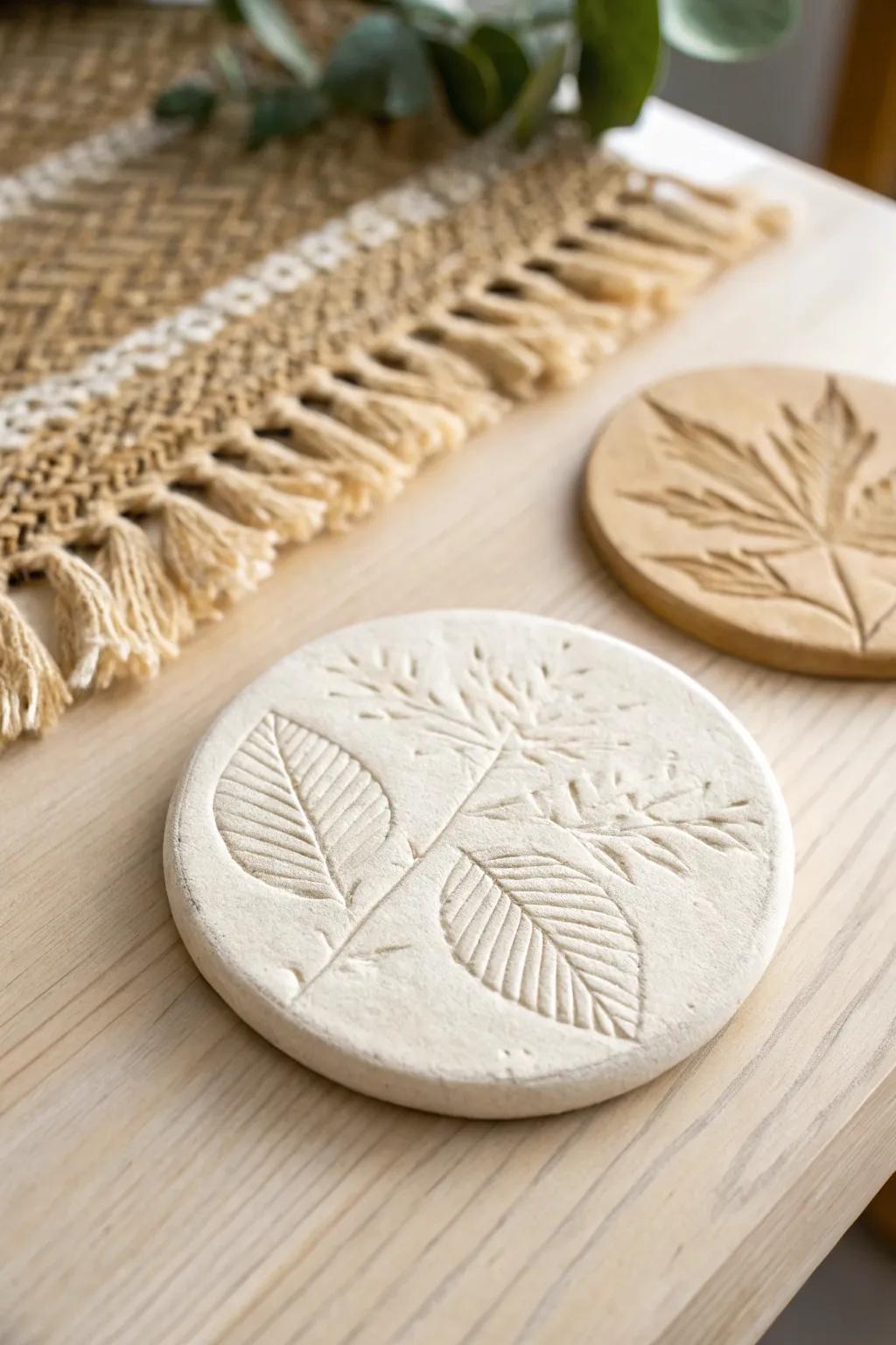 Elevate your coffee table with nature's elegance—handcrafted leaf-imprinted coasters.