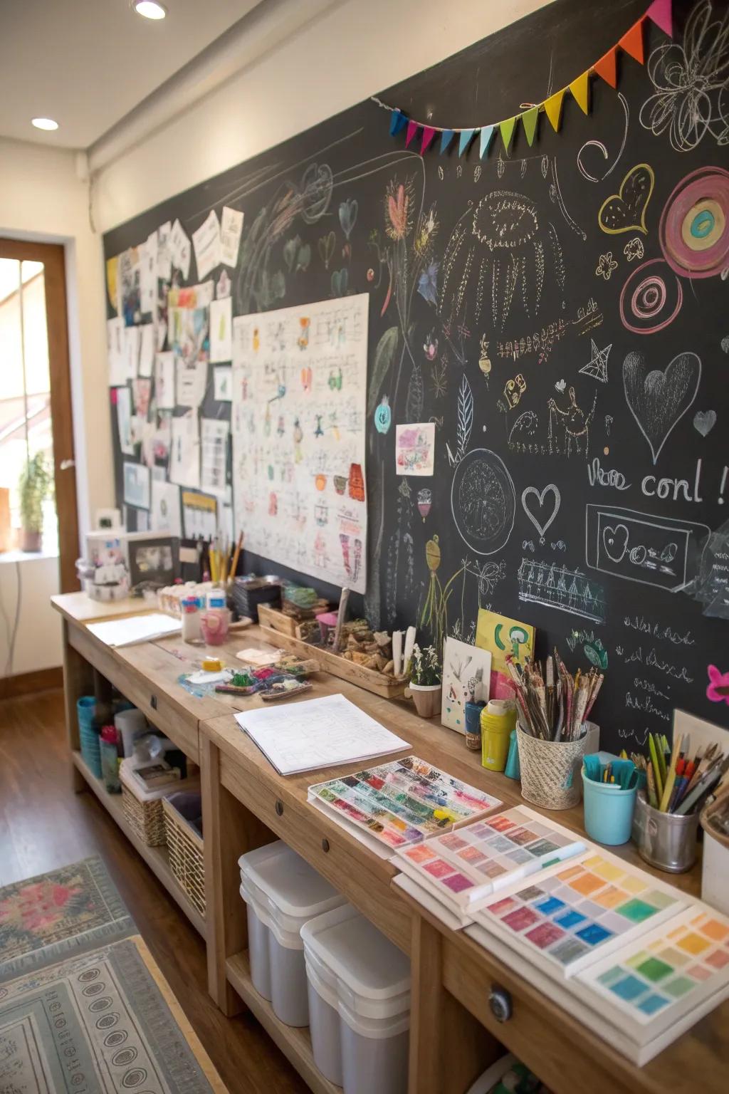 A chalkboard wall captures ideas and creativity.