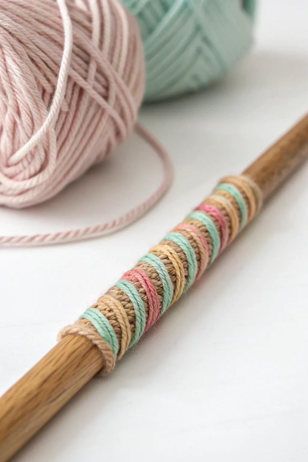 Capture the joy of simplicity with this charming yarn-wrapped stick, a perfect blend of color and texture for your minimalist craft display.