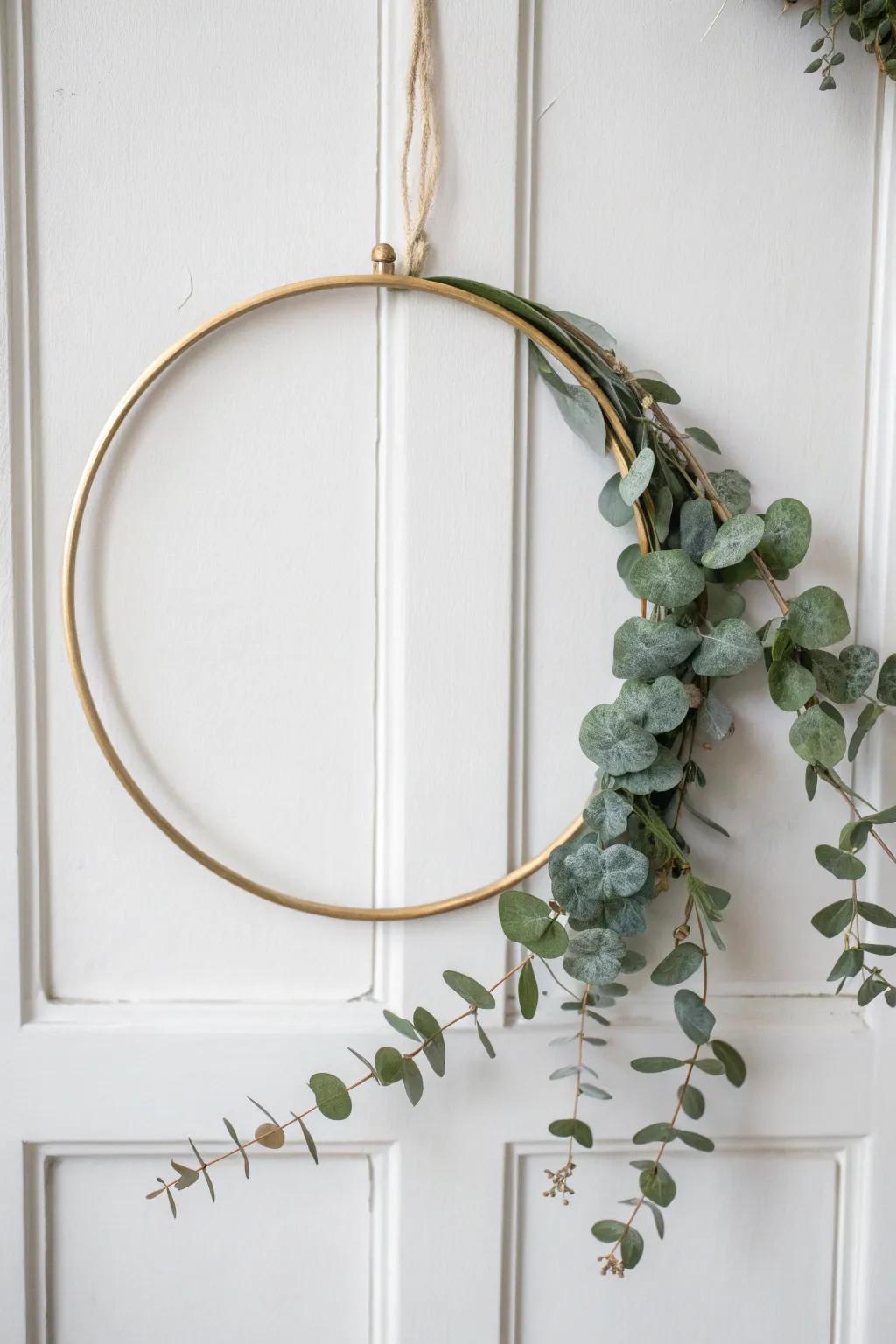 Elevate your space with this stunning leaf and hoop wall decor, a perfect blend of minimalism and natural elegance.