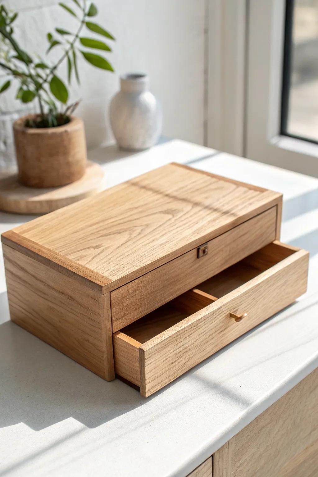 Discover hidden treasures with this beautifully crafted minimalist jewelry box featuring a secret drawer. Embrace simplicity and surprise in one elegant design.