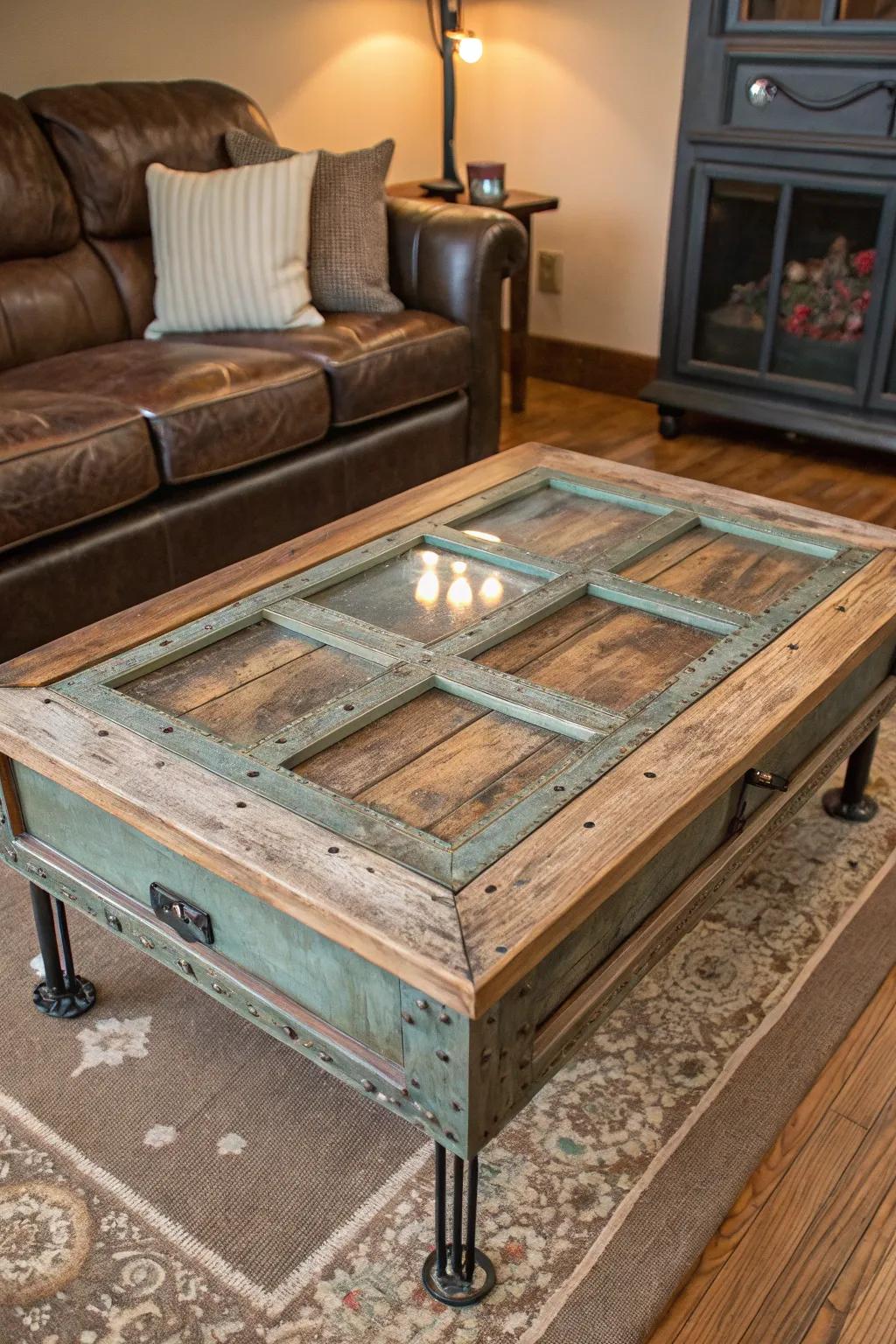 Transform tradition with a touch of industrial flair—an old door becomes your new favorite coffee table.