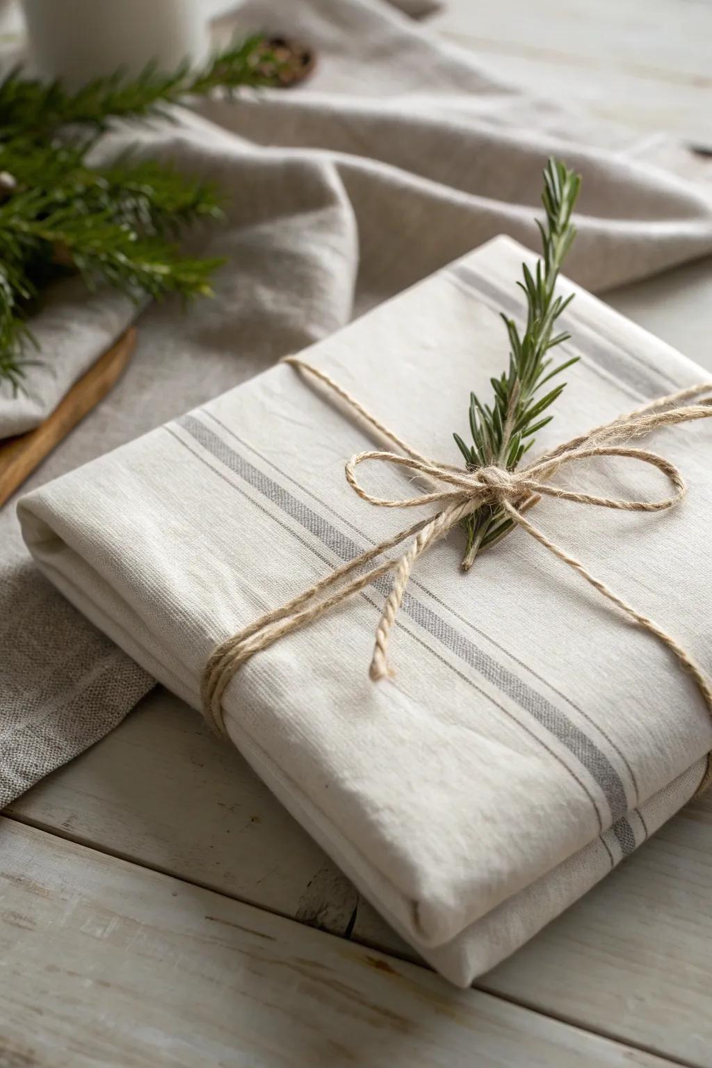 Wrap your gifts with a touch of elegance and practicality using a tea towel—perfect for that thoughtful, kitchen-themed present.