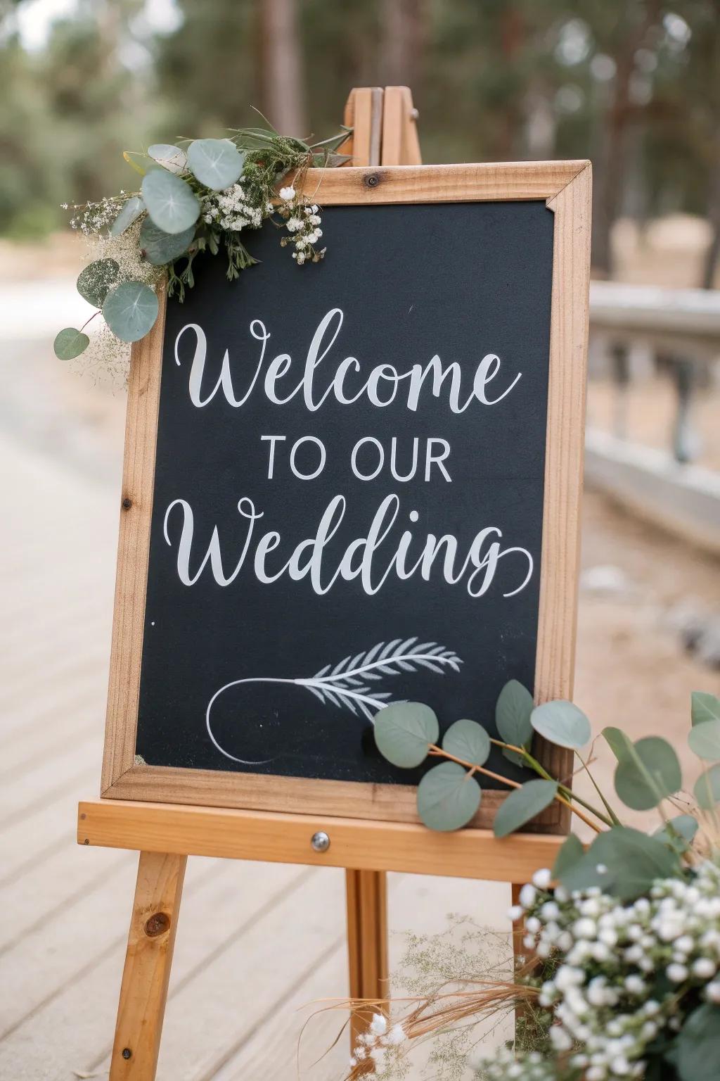 Elevate your rustic wedding with handcrafted elegance: A charming chalkboard vinyl sign that guides with grace.