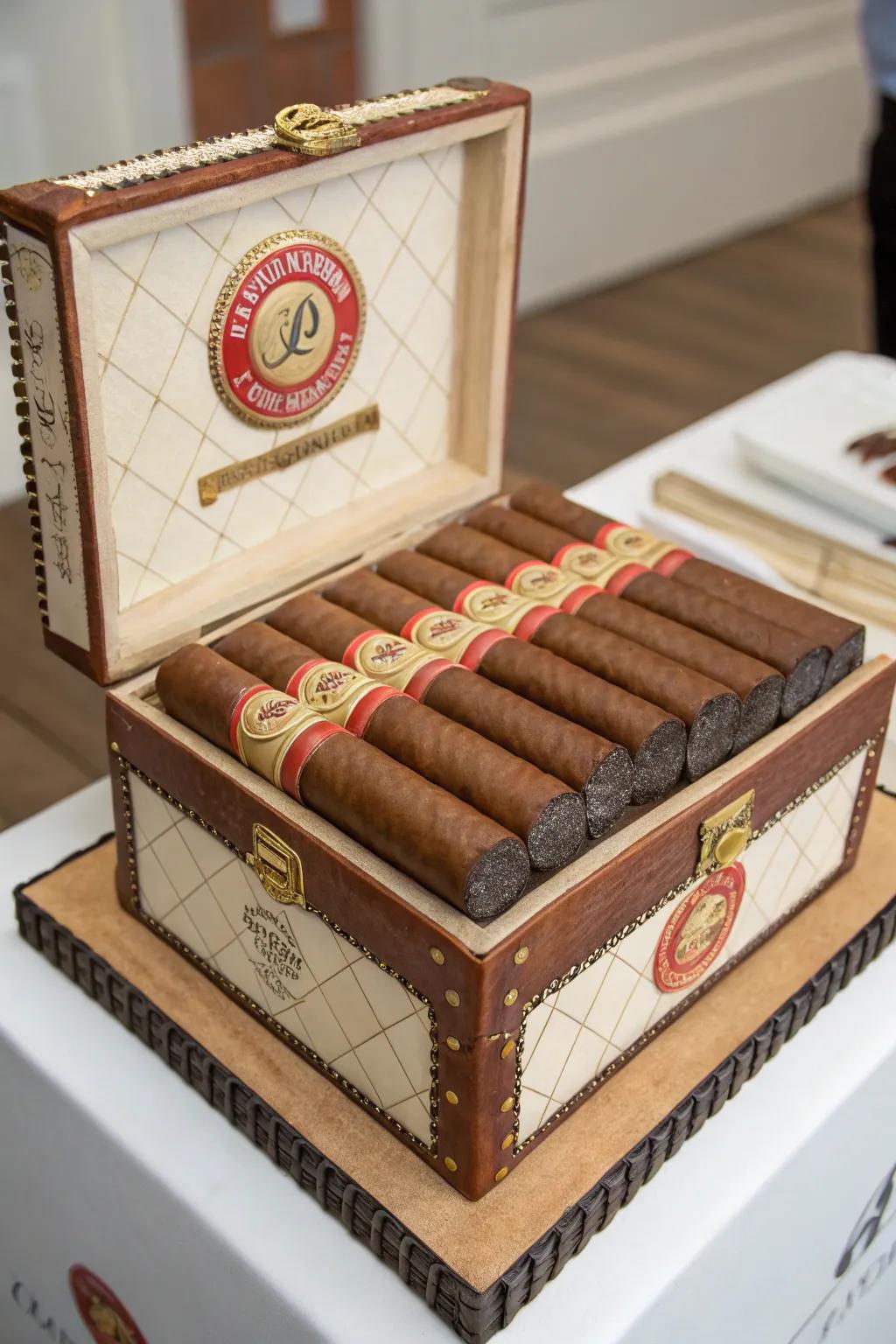 A sophisticated cigar box cake with incredible detail.