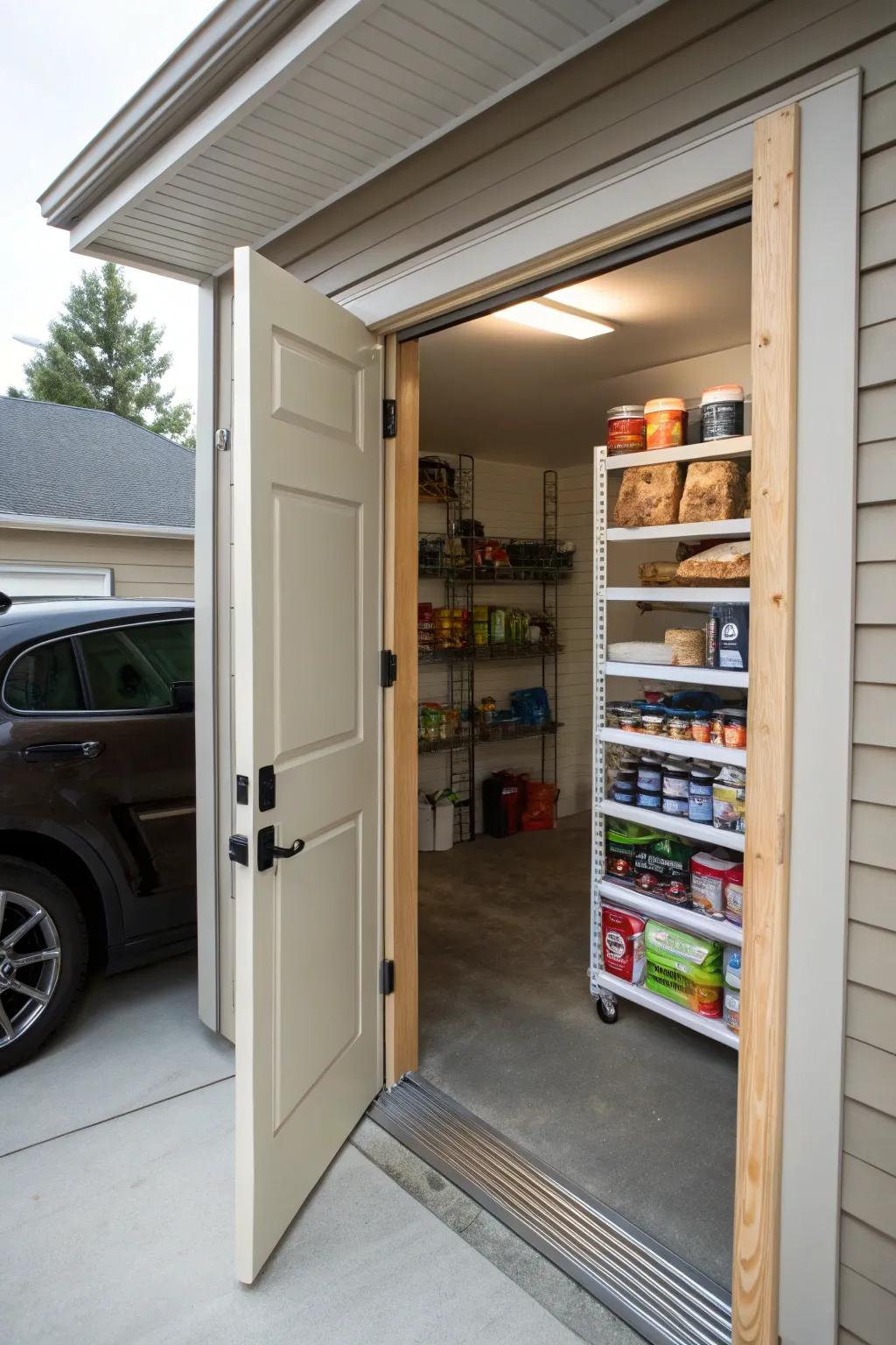 A practical grocery door connecting the pantry to the garage.