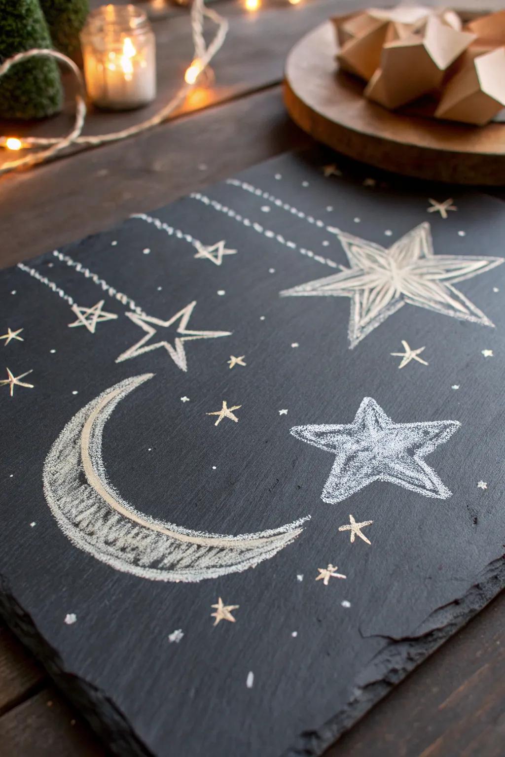 Transform your space into a serene night-time haven with this celestial chalk art.
