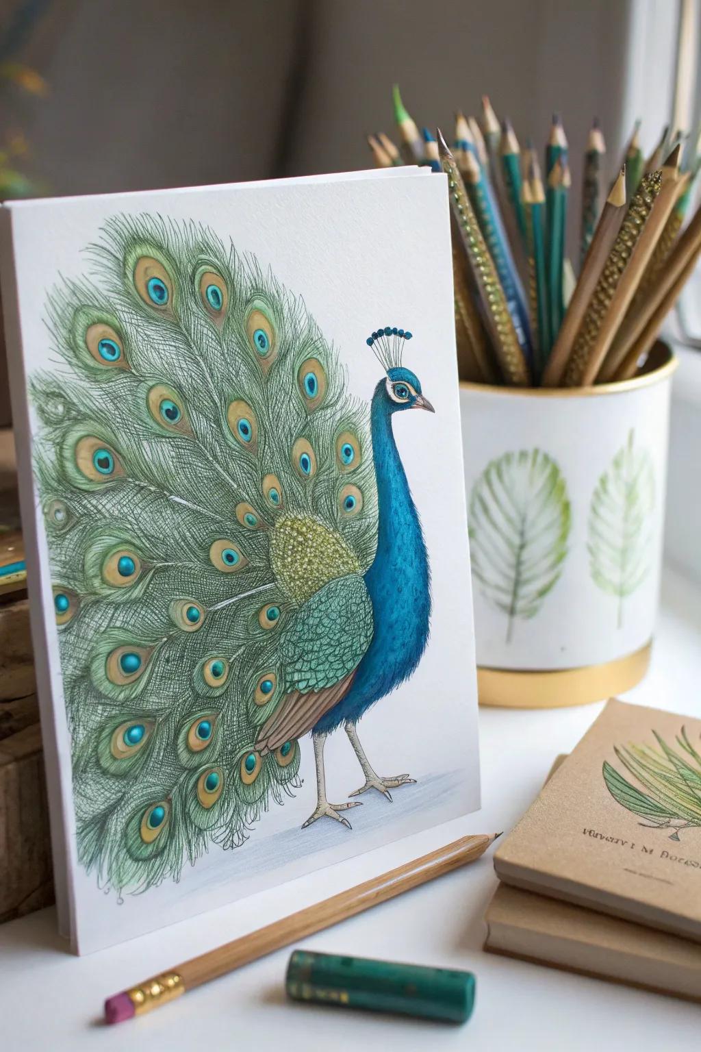 Embrace the grace and vibrant beauty of the peacock with this stunning colored pencil drawing!