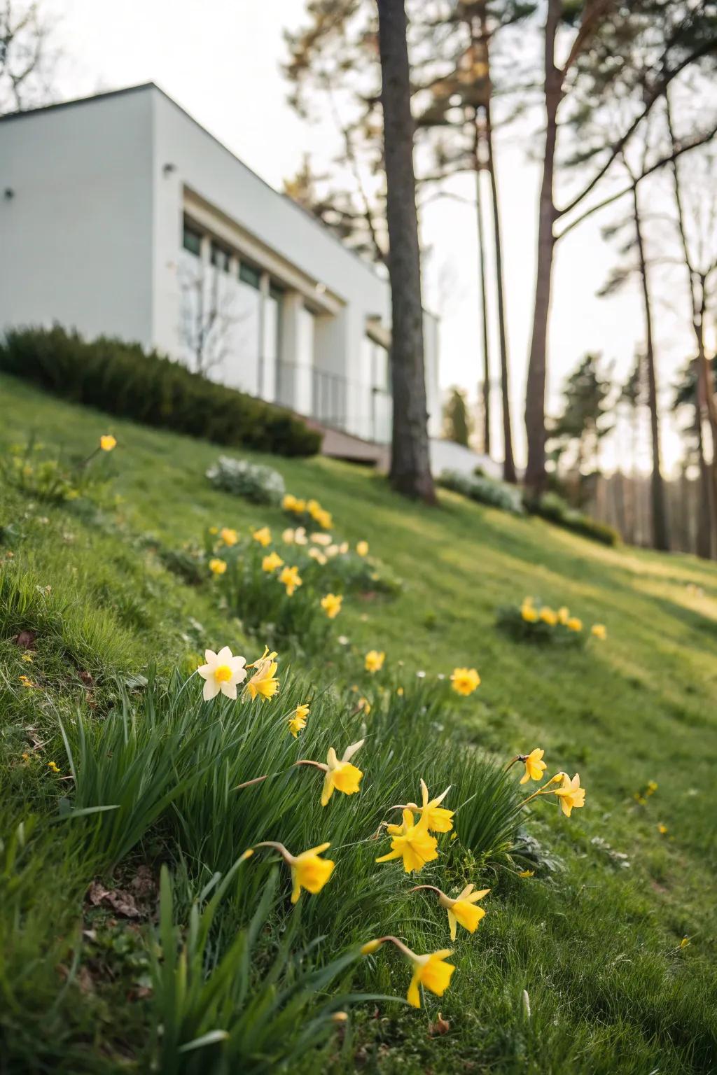Let your garden flow with nature's elegance—daffodils on a slope for beauty and balance.