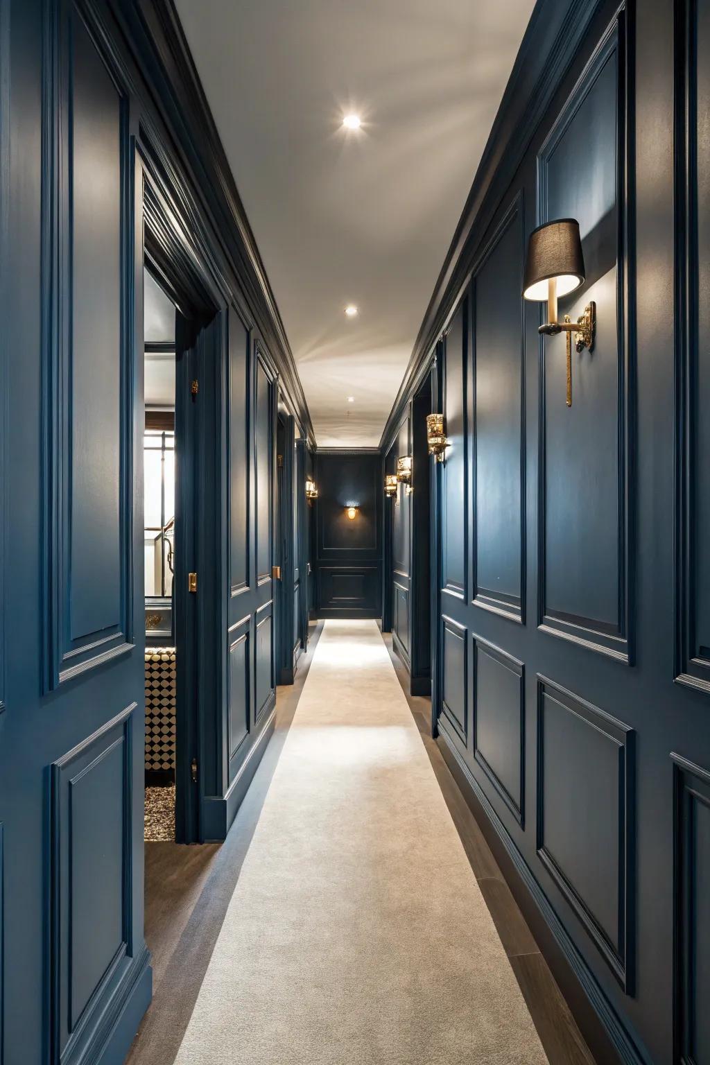 Dark blue paneling adds timeless elegance and depth to the hallway.