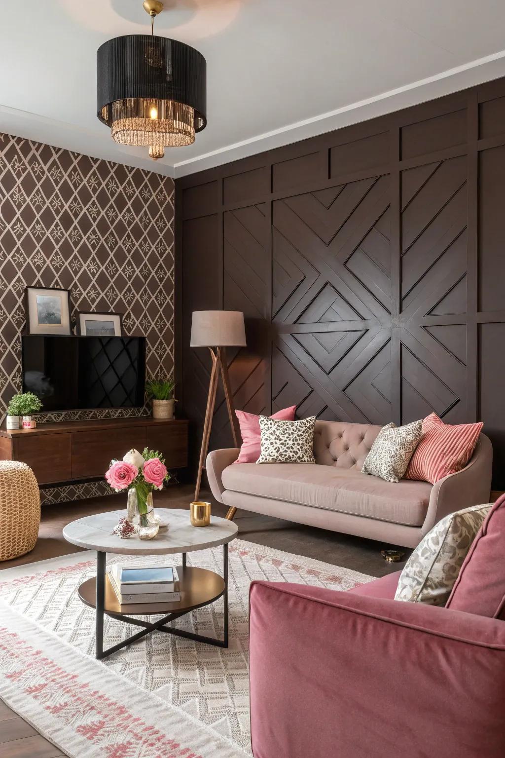 A bold feature wall combining dark brown and pink hues.
