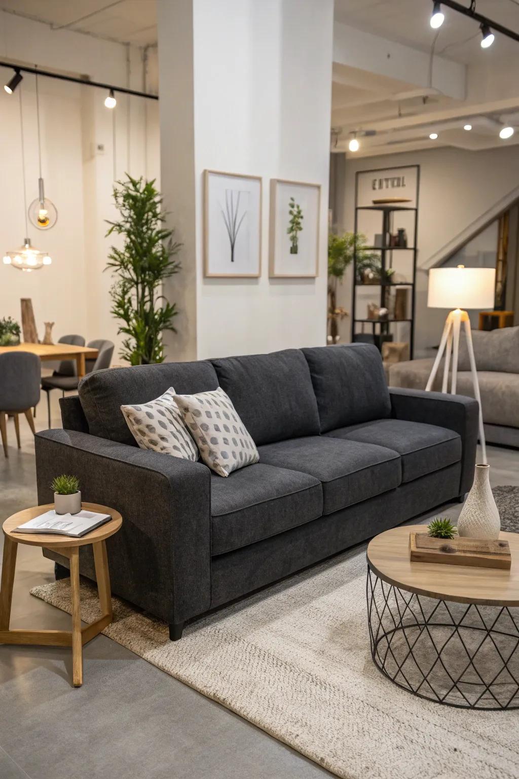 Modern lines harmonize with the dark grey couch for a contemporary look.