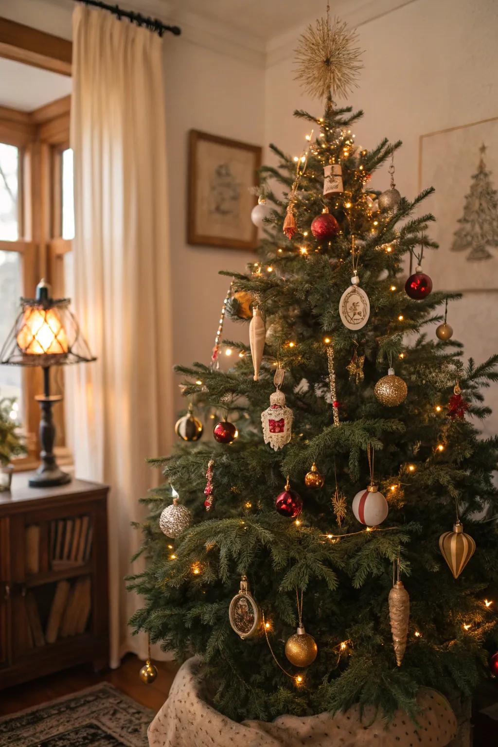 Nostalgic charm with a vintage-decorated Christmas tree.