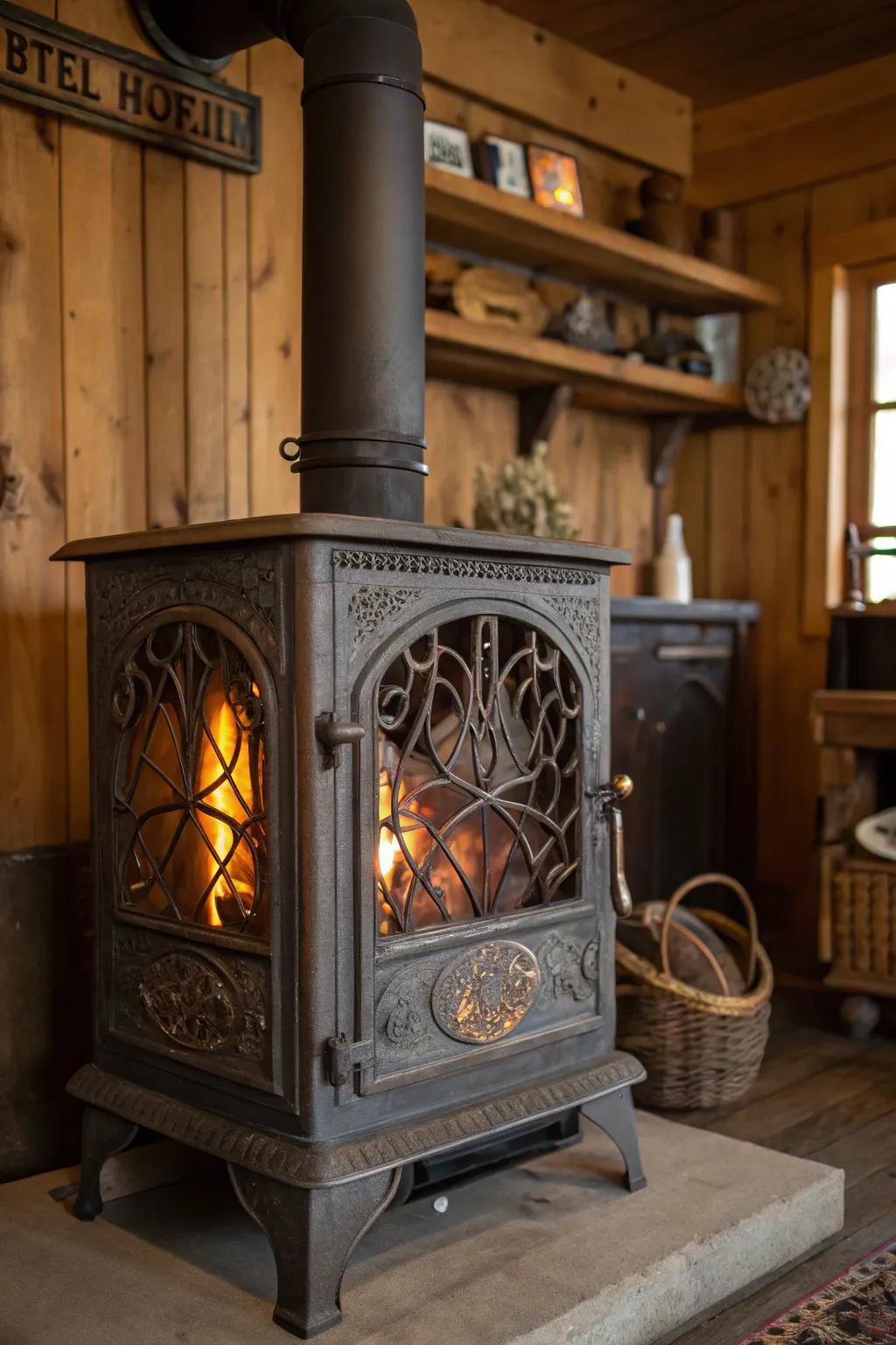 Artistic fire screens add flair and functionality to the stove.