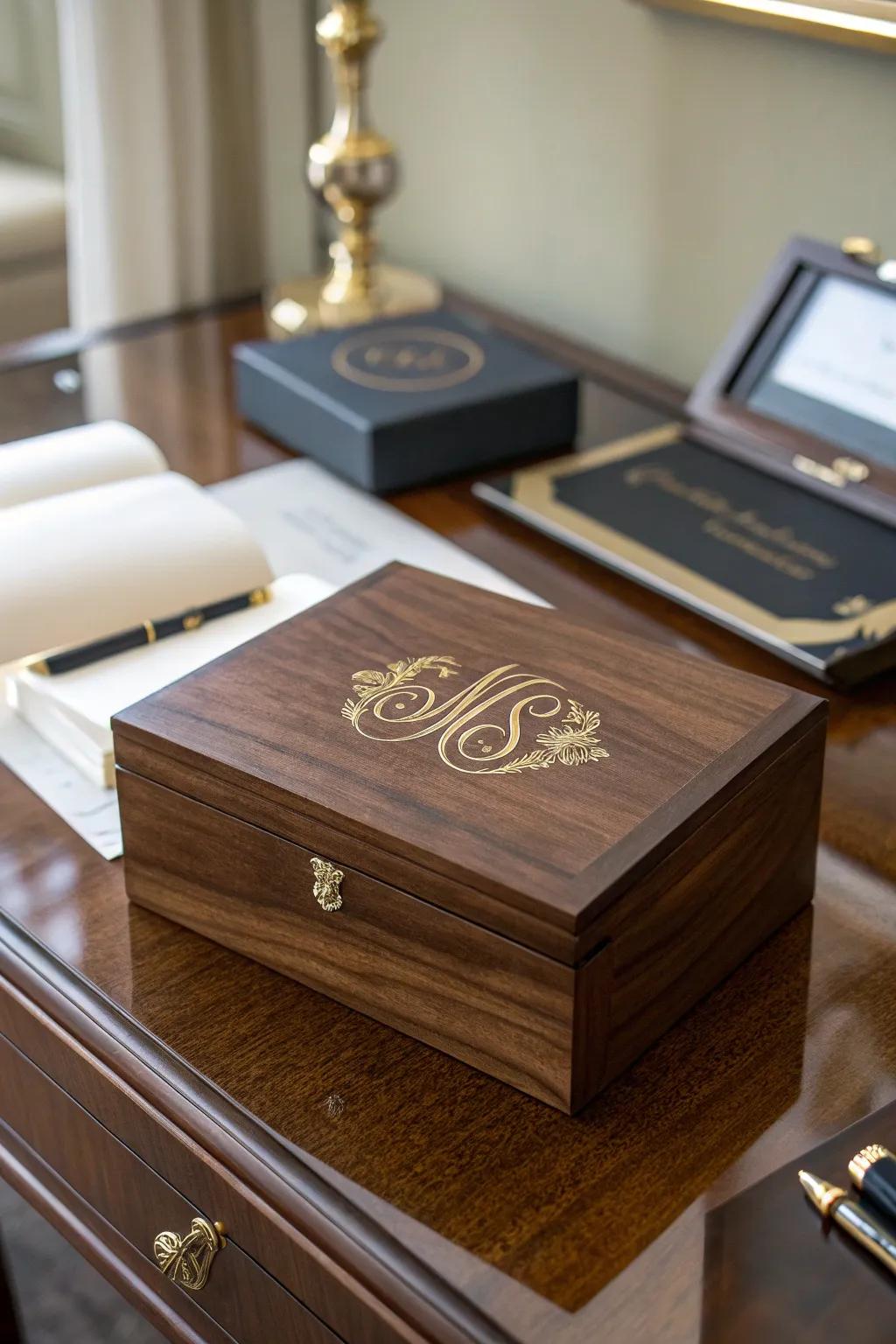 A personalized monogrammed box for a sophisticated look.
